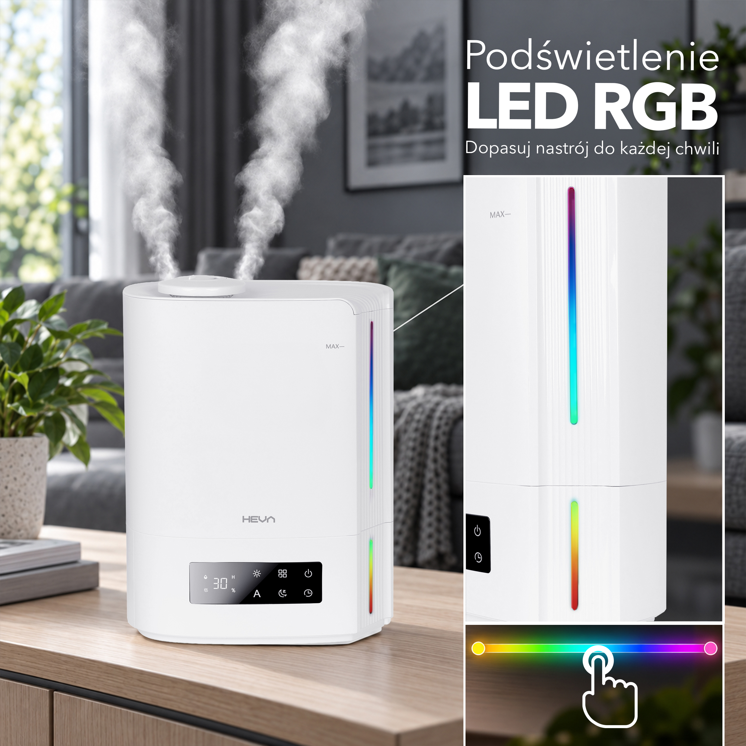 Biały nawilżacz na drewnianym stole z parą, cyfrowym wyświetlaczem i paskiem LED RGB.