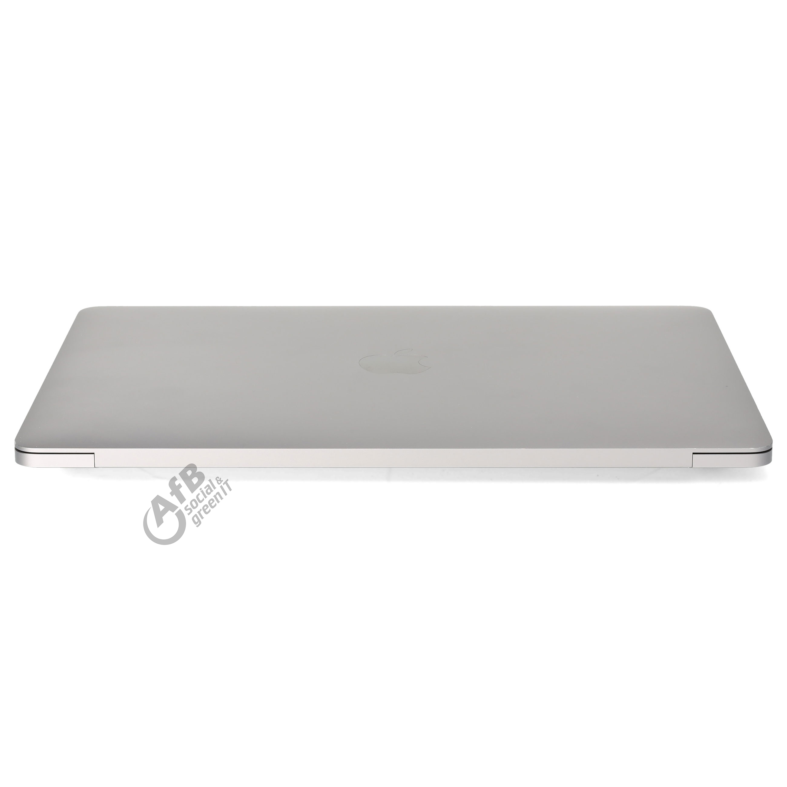 Ein geschlossenes silbernes MacBook mit Apple-Logo auf der Oberseite vor weißem Hintergrund.
