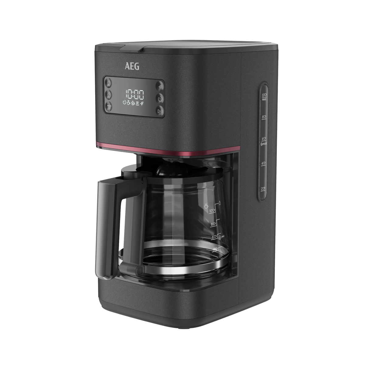 Cafetera de goteo AEG negra moderna con pantalla digital y jarra de vidrio sobre fondo blanco.