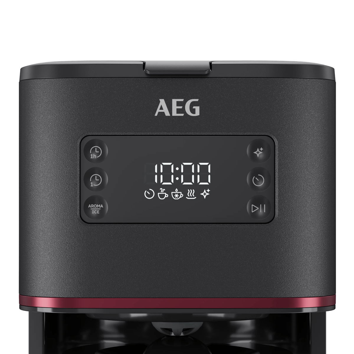 Vista frontal de una cafetera AEG negra con pantalla de reloj digital y botones táctiles.