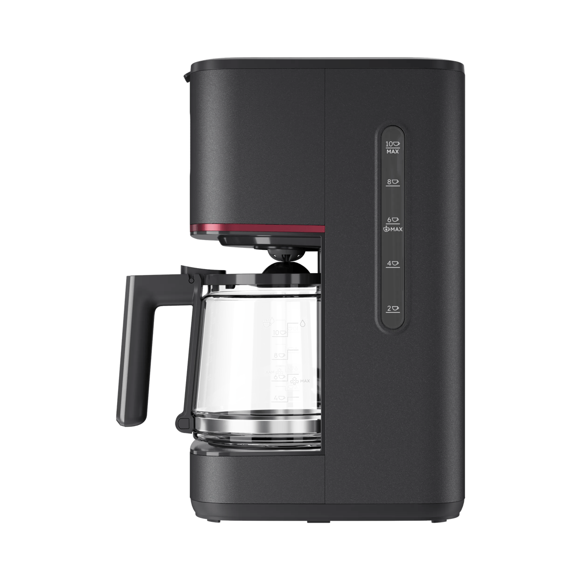 Cafetera de goteo negra con detalle rojo y jarra de vidrio sobre fondo blanco.