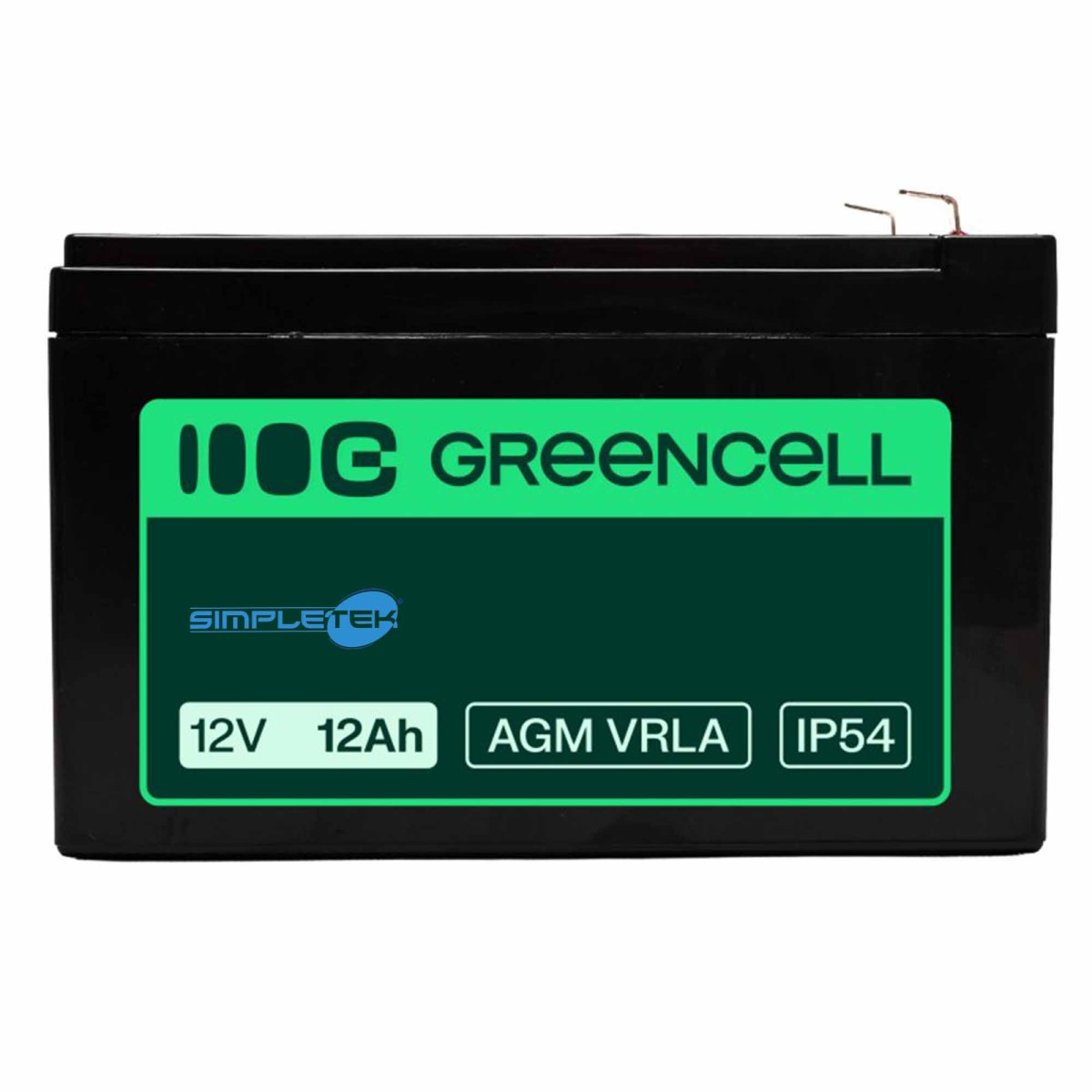 Batteria nera Green Cell AGM VRLA 12V 12Ah con grado IP54 e due terminali.
