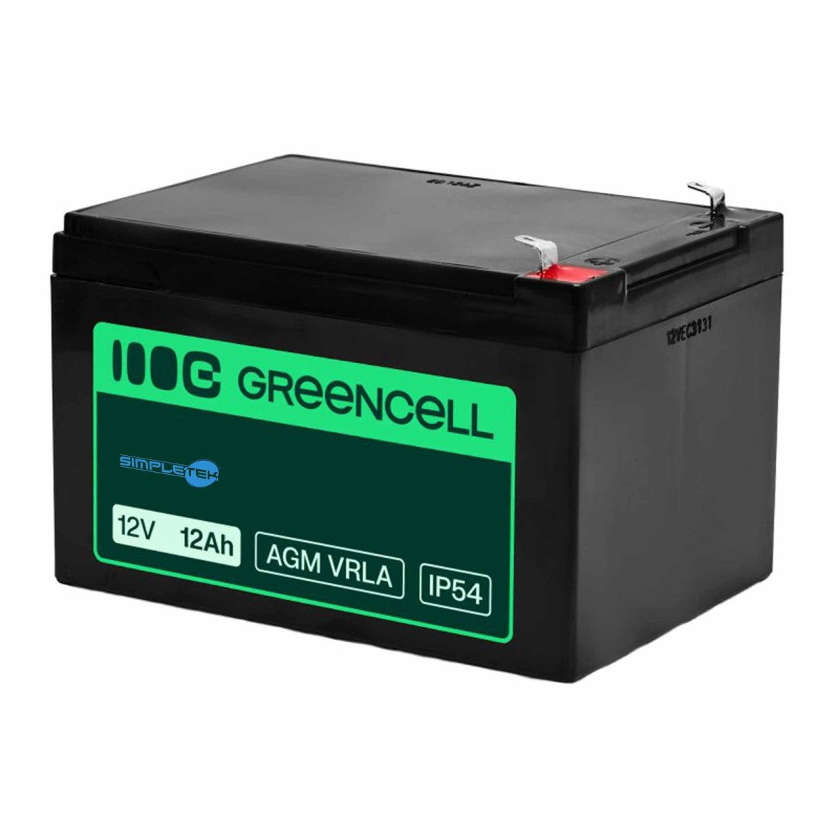 Batteria nera Green Cell 12V 12Ah AGM VRLA con etichetta verde su fondo bianco.