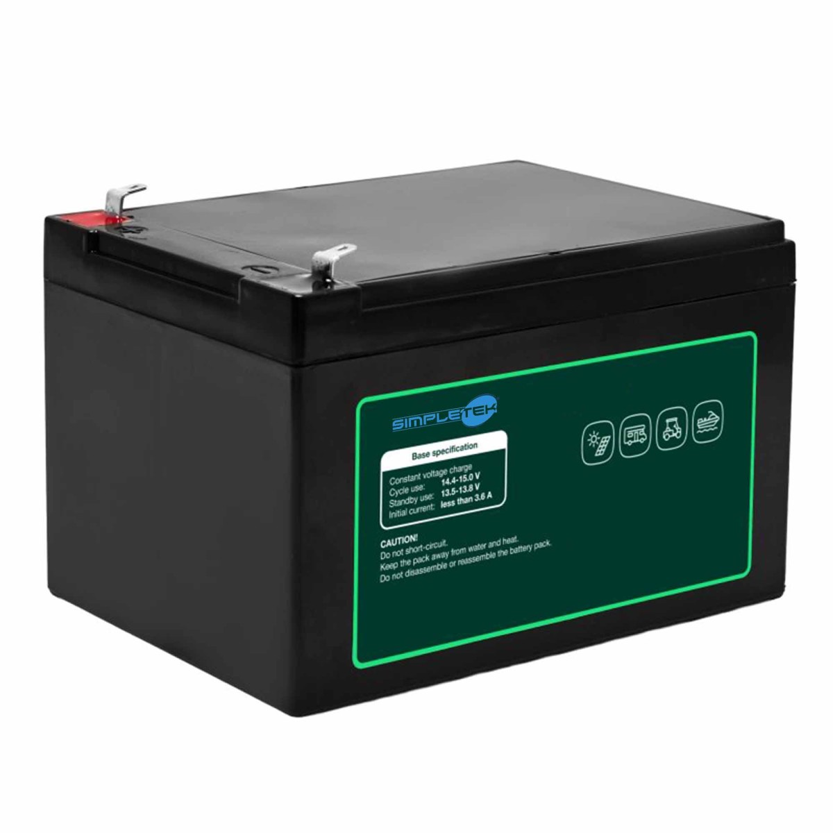 Una batteria nera Simpletek con etichetta verde e terminali metallici su sfondo bianco.
