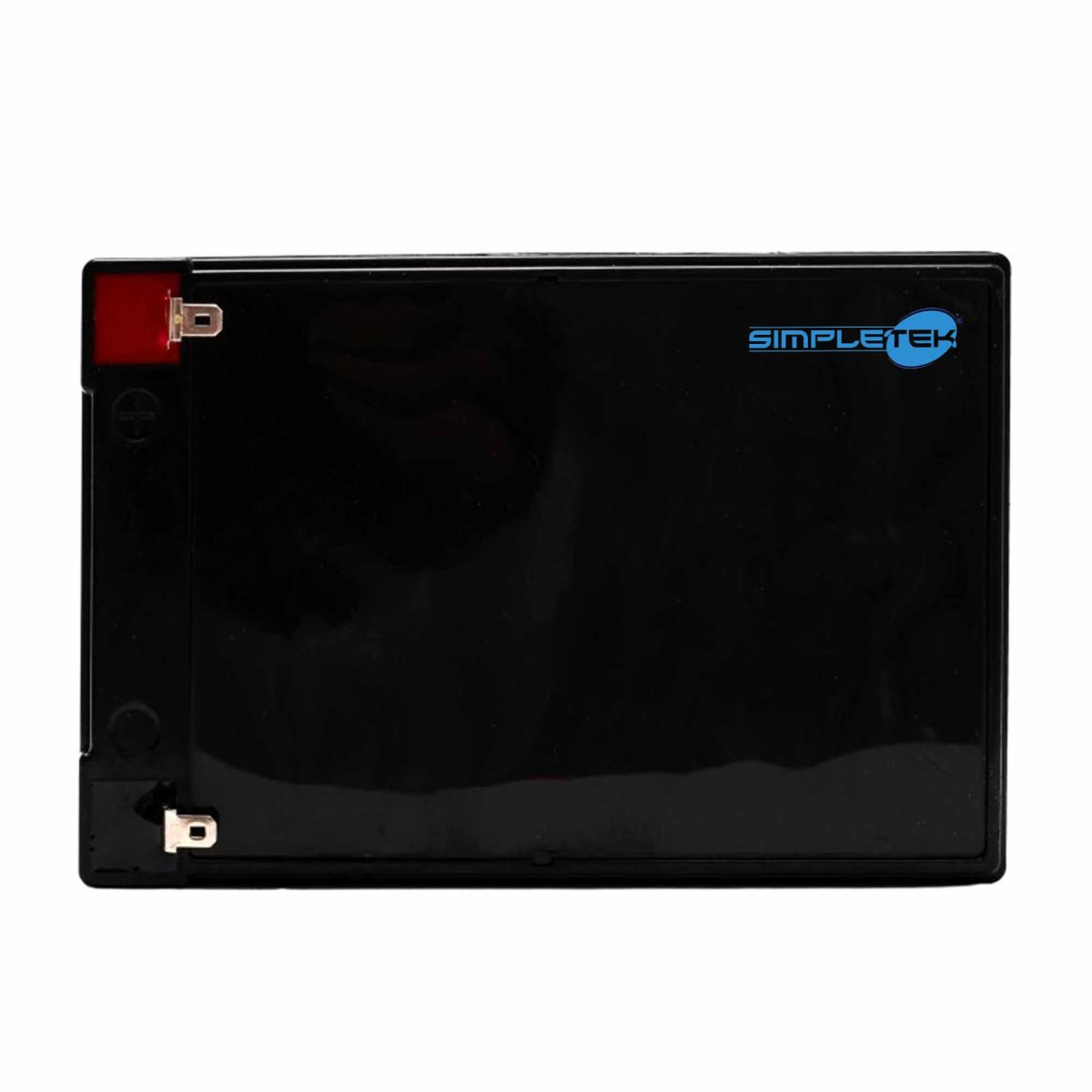Una batteria di ricambio nera rettangolare con due terminali metallici e la scritta blu "Simplek".
