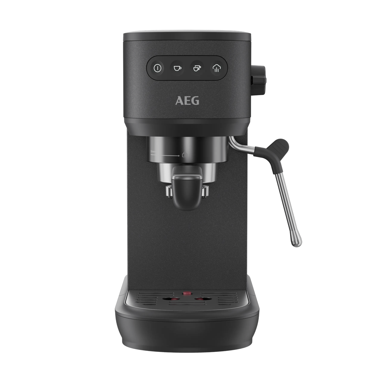 Cafetera exprés AEG negra con varilla de vapor y panel de control sobre fondo blanco.