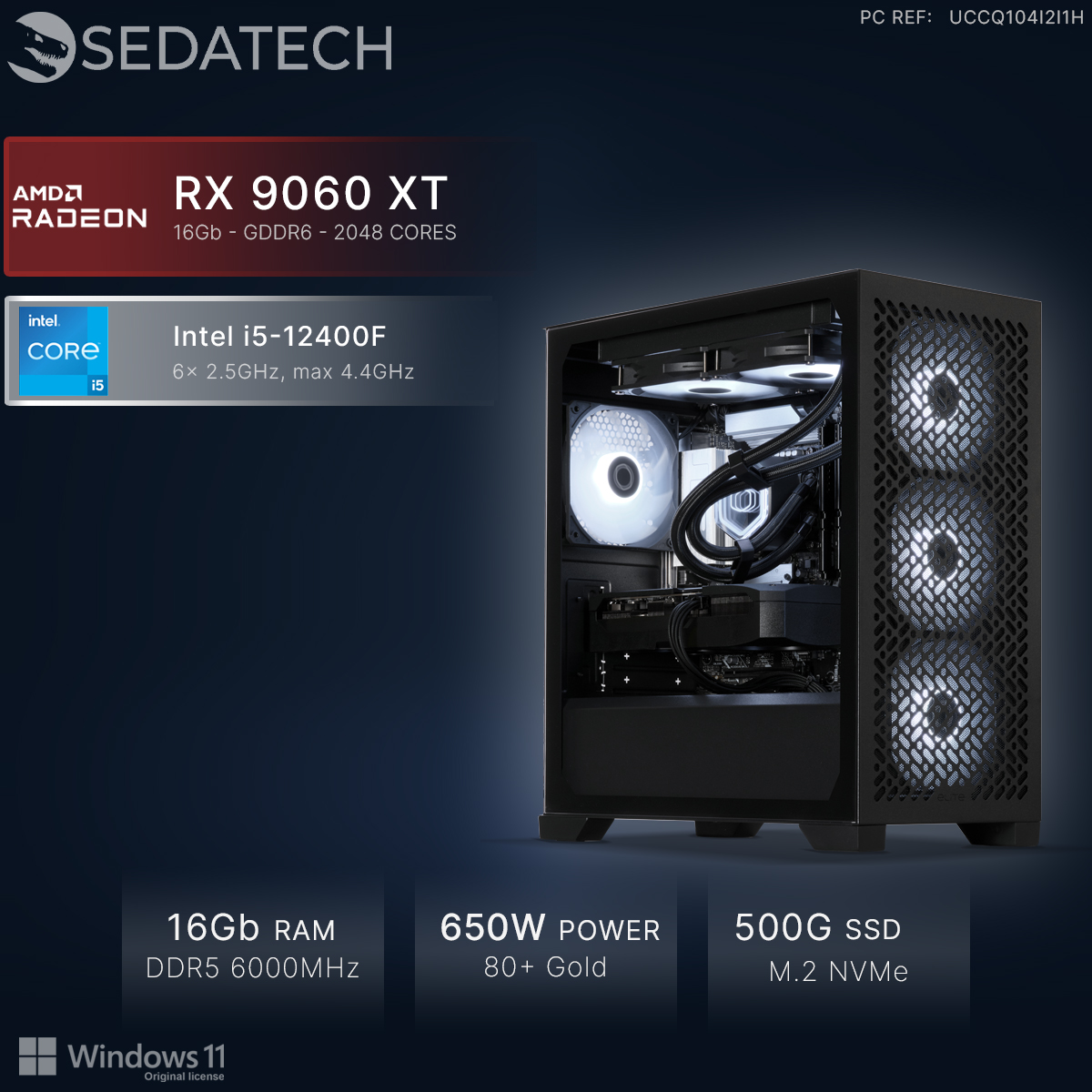 PC negro Sedatech con gráficos AMD Radeon, procesador Intel i5, iluminación interior blanca y especificaciones.