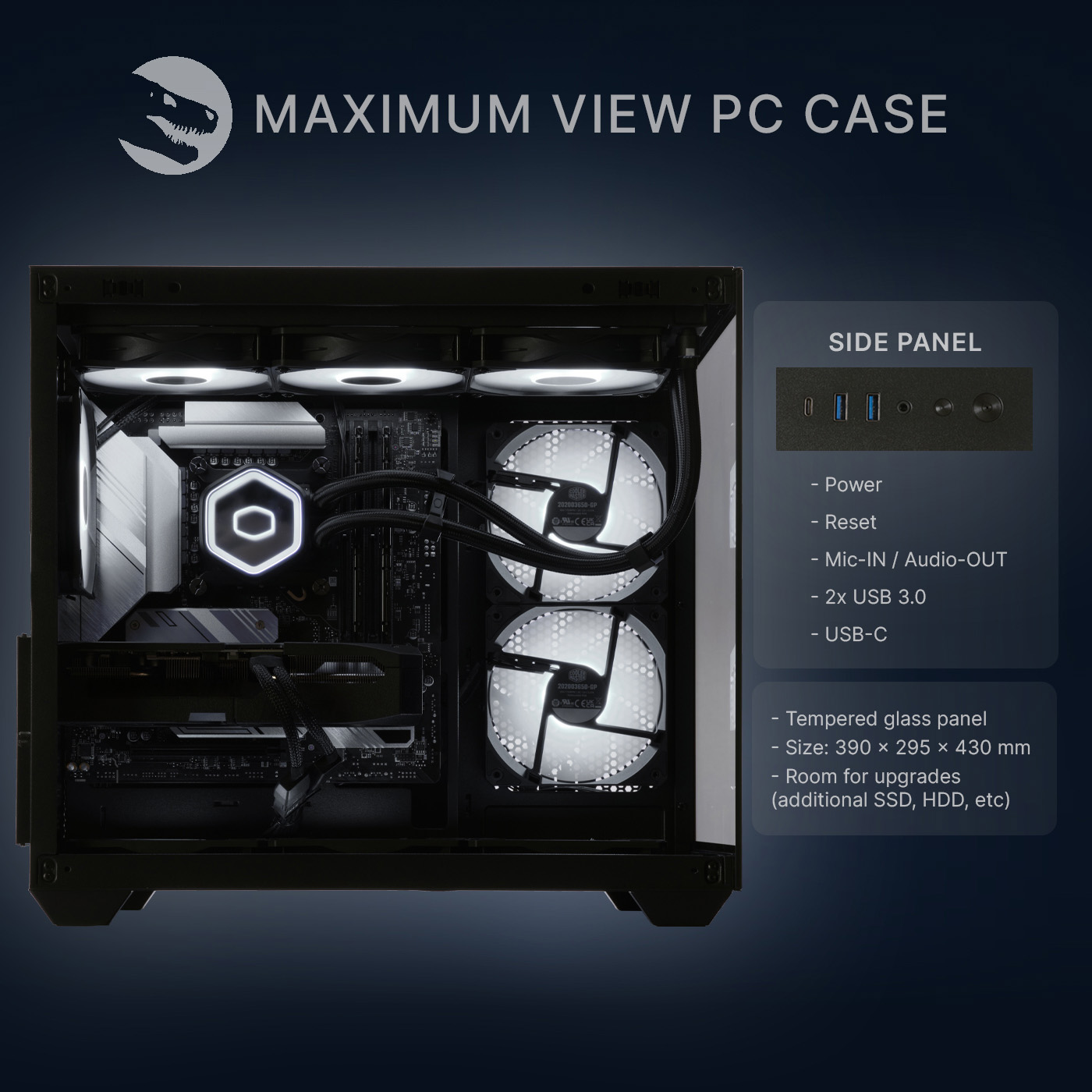 Gabinete de PC con iluminación blanca, ventiladores y placa base dentro, y detalles de especificaciones a la derecha.