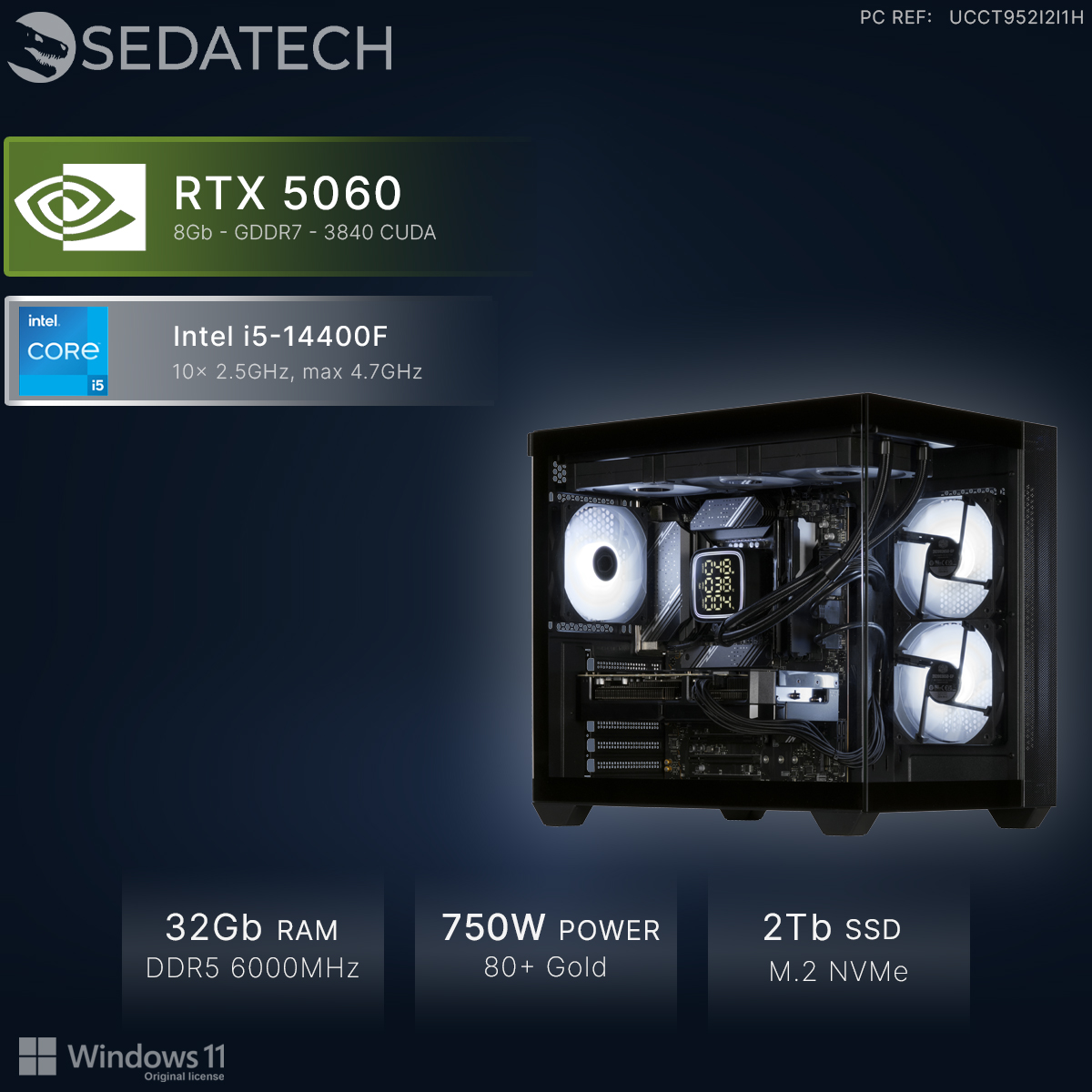 PC Sedatech con RTX 5060, Intel i5-14400F, 32 GB RAM, fuente de 750W, SSD de 2 TB y Windows 11.