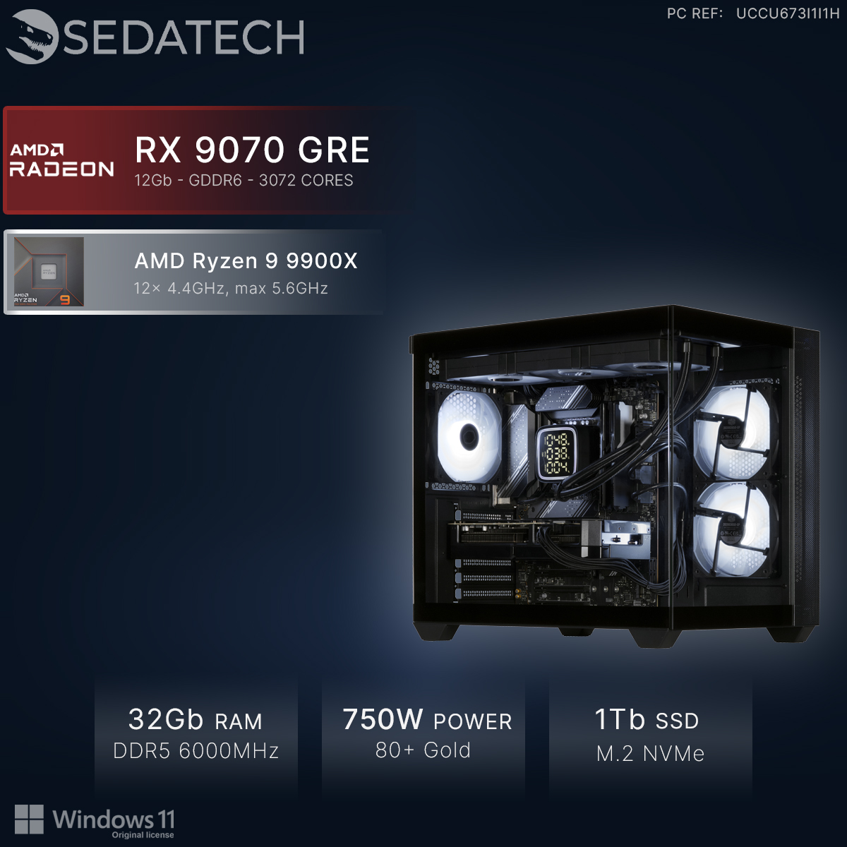 PC Sedatech con AMD Ryzen 9, RX 9070 GRE, 32GB RAM y 1TB SSD sobre fondo oscuro.