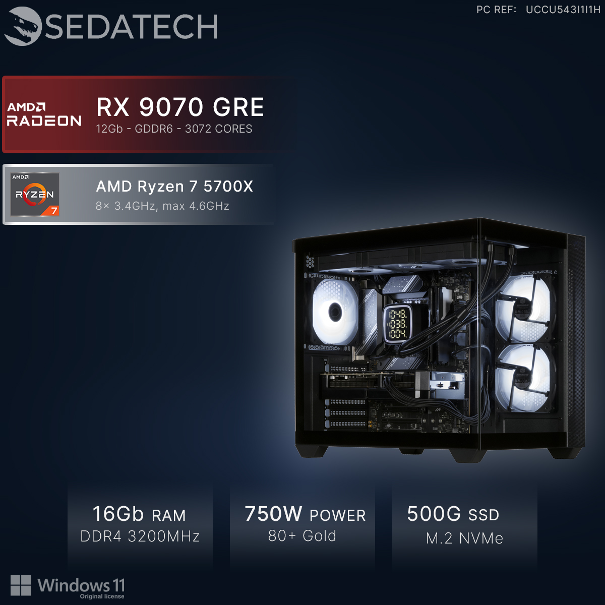 PC Sedatech con AMD Ryzen 7 5700X, gráficos RX 9070 GRE, 16GB de RAM, fuente de 750W y SSD de 500GB.