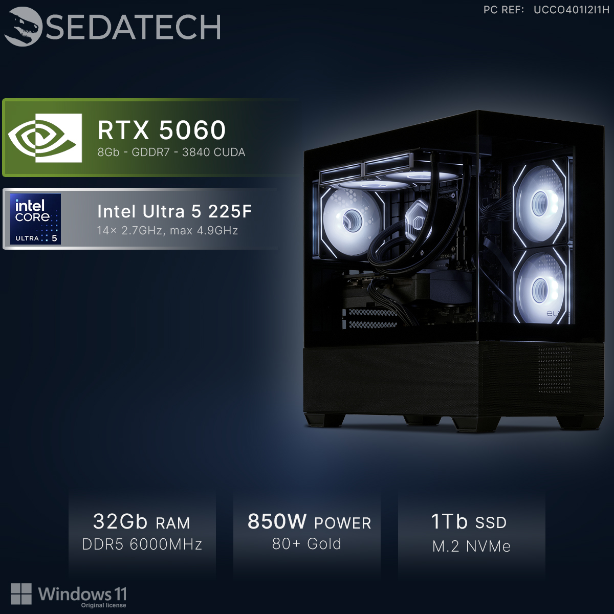 PC Sedatech con RTX 5060, Intel Ultra 5, 32GB RAM, fuente de 850W, 1TB SSD y Windows 11 sobre fondo oscuro.