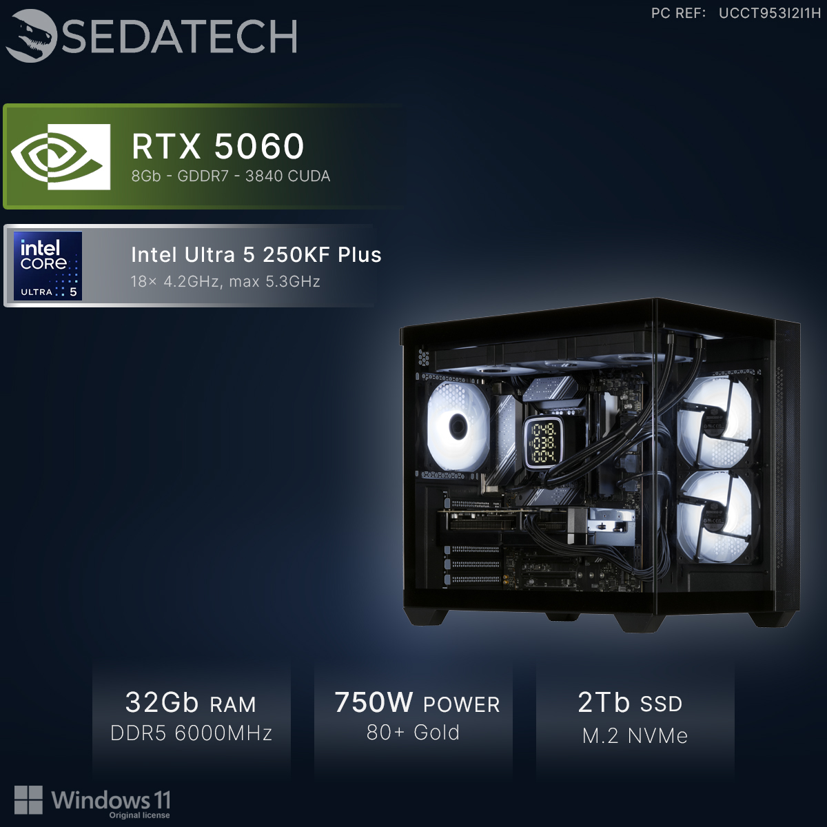 PC Sedatech con RTX 5060, Intel Ultra 5, 32GB RAM, fuente de 750W y SSD de 2TB en una caja.