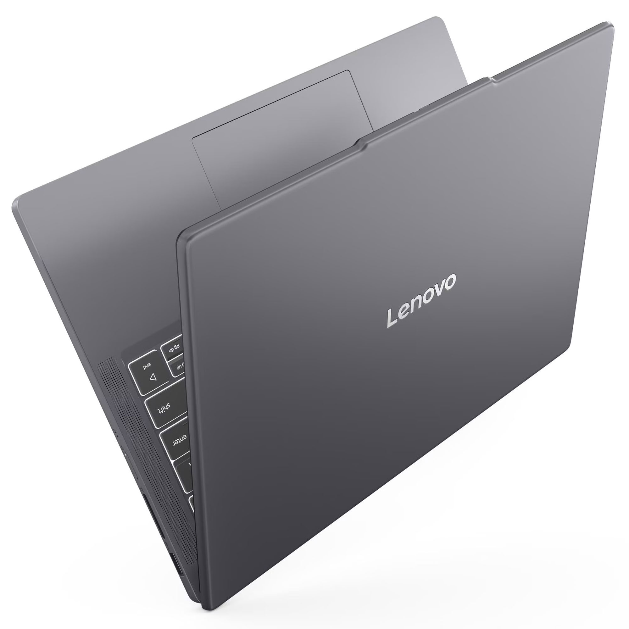 Beyaz arka planda gri bir Lenovo dizüstü bilgisayar, klavye ve logoyu gösteren kısmen kapalı.