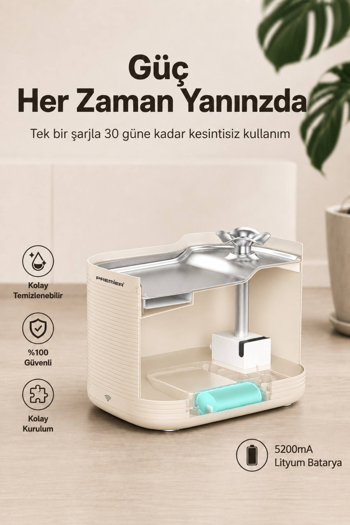 İç bileşenlerini gösteren pil ve paslanmaz çelik üst kısma sahip kesit evcil hayvan su pınarı.