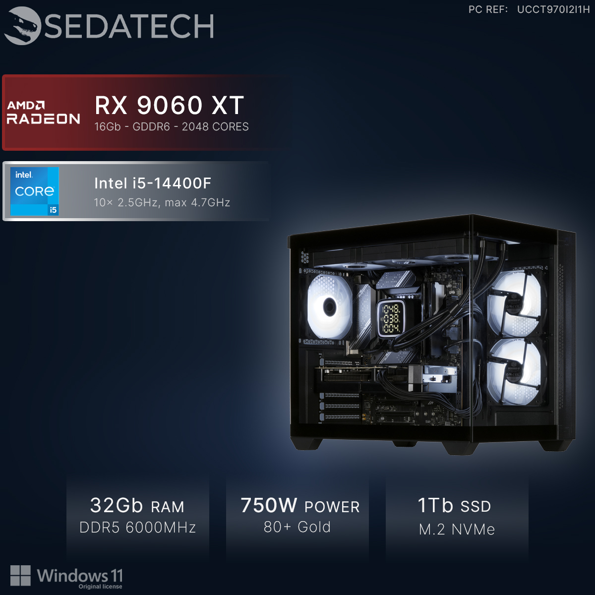 PC Sedatech con Intel i5, AMD Radeon RX, 32GB RAM, fuente 750W, SSD 1TB y Windows 11.