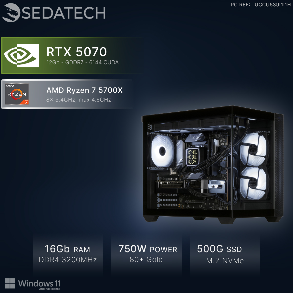PC Sedatech con GPU RTX 5070, CPU Ryzen 7 5700X, 16GB de RAM, fuente de 750W y SSD de 500GB.