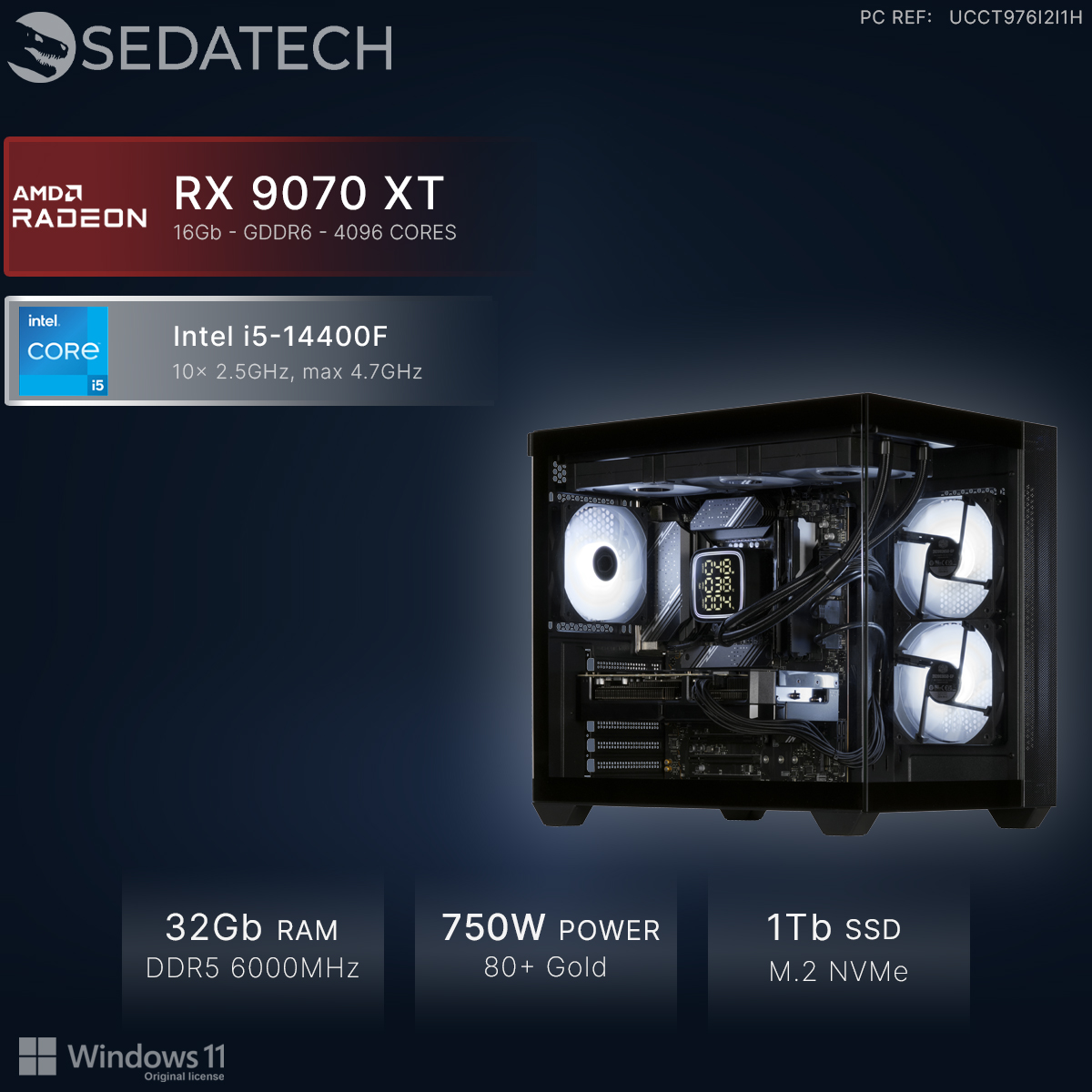 PC Sedatech con AMD Radeon RX 9070 XT, Intel i5-14400F, 32GB RAM, fuente de 750W y SSD de 1TB sobre fondo oscuro.