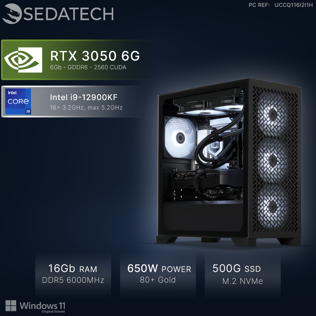 PC Sedatech con RTX 3050, Intel i9-12900KF, 16GB RAM, fuente de 650W, SSD de 500GB y ventiladores iluminados.