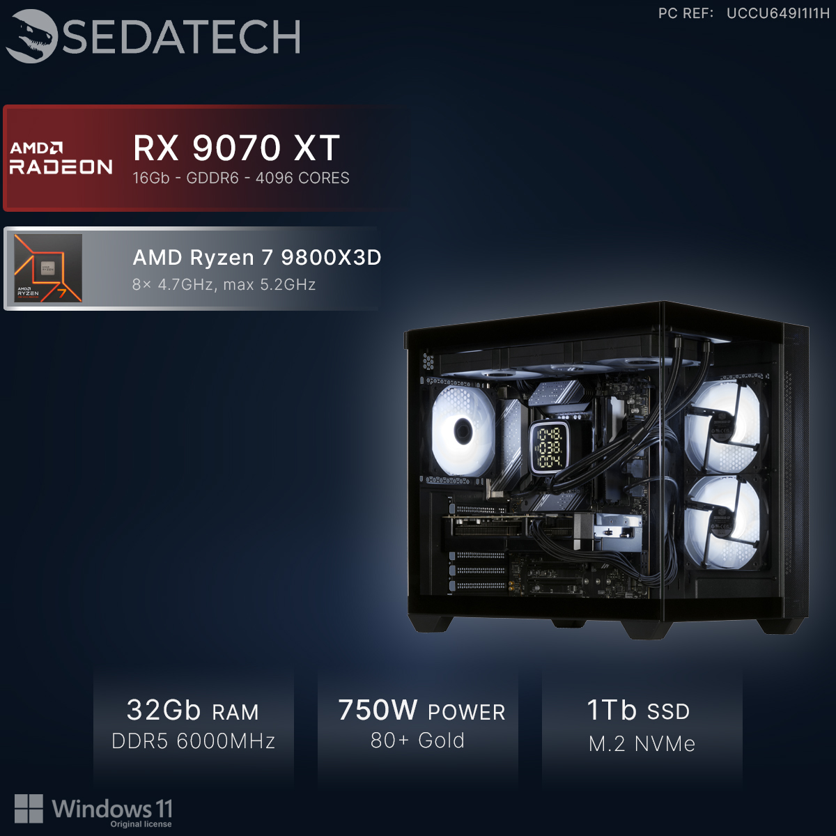 PC Sedatech con AMD Ryzen 7, RX 9070 XT, 32 GB de RAM, 1 TB de SSD y ventiladores iluminados.