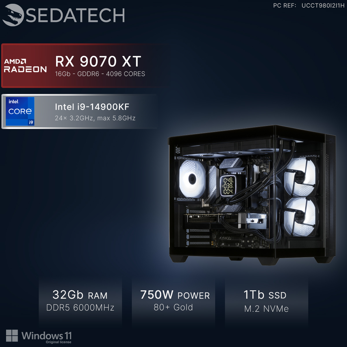 PC Sedatech con Intel i9, RX 9070 XT, 32GB RAM, fuente 750W y SSD 1TB sobre fondo oscuro.