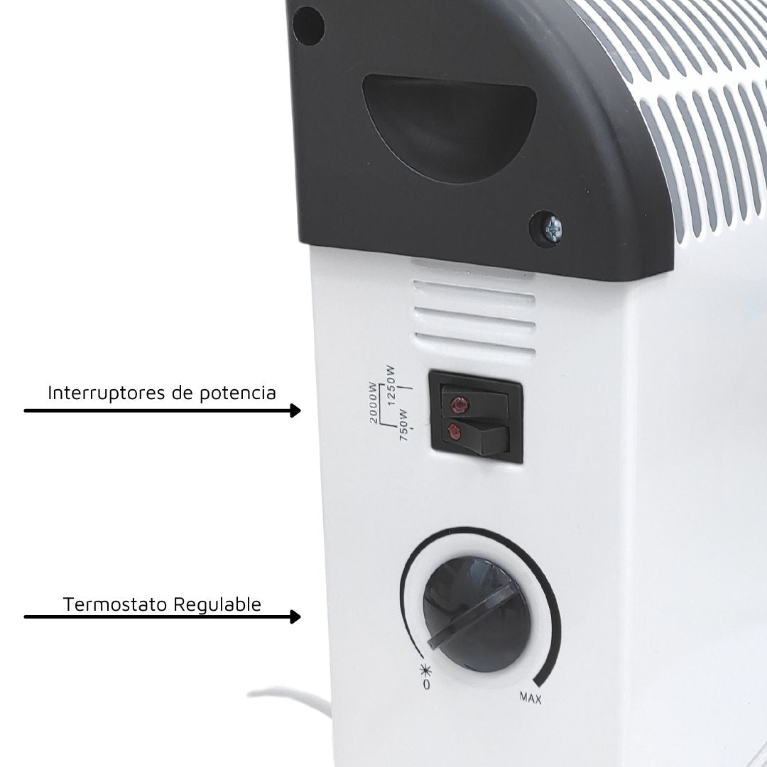 Vista lateral de un calefactor de convector blanco con dos interruptores y un termostato.