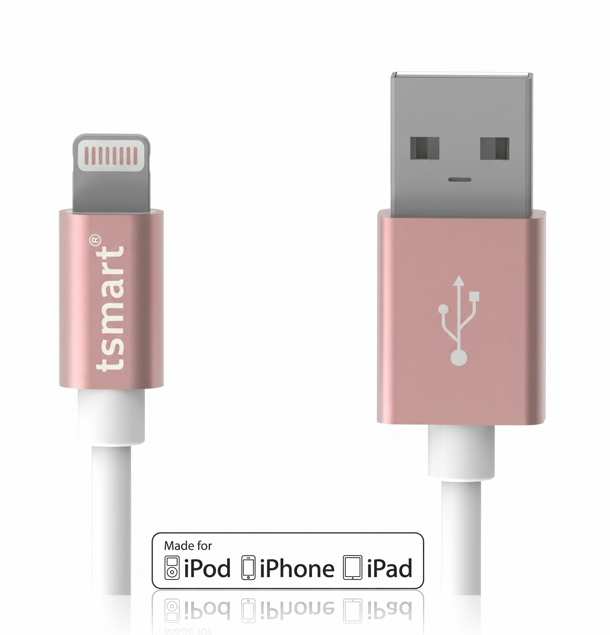 Beyaz arka planda pembe altın renkli bir USB ve Lightning kablosunun yakın planı.