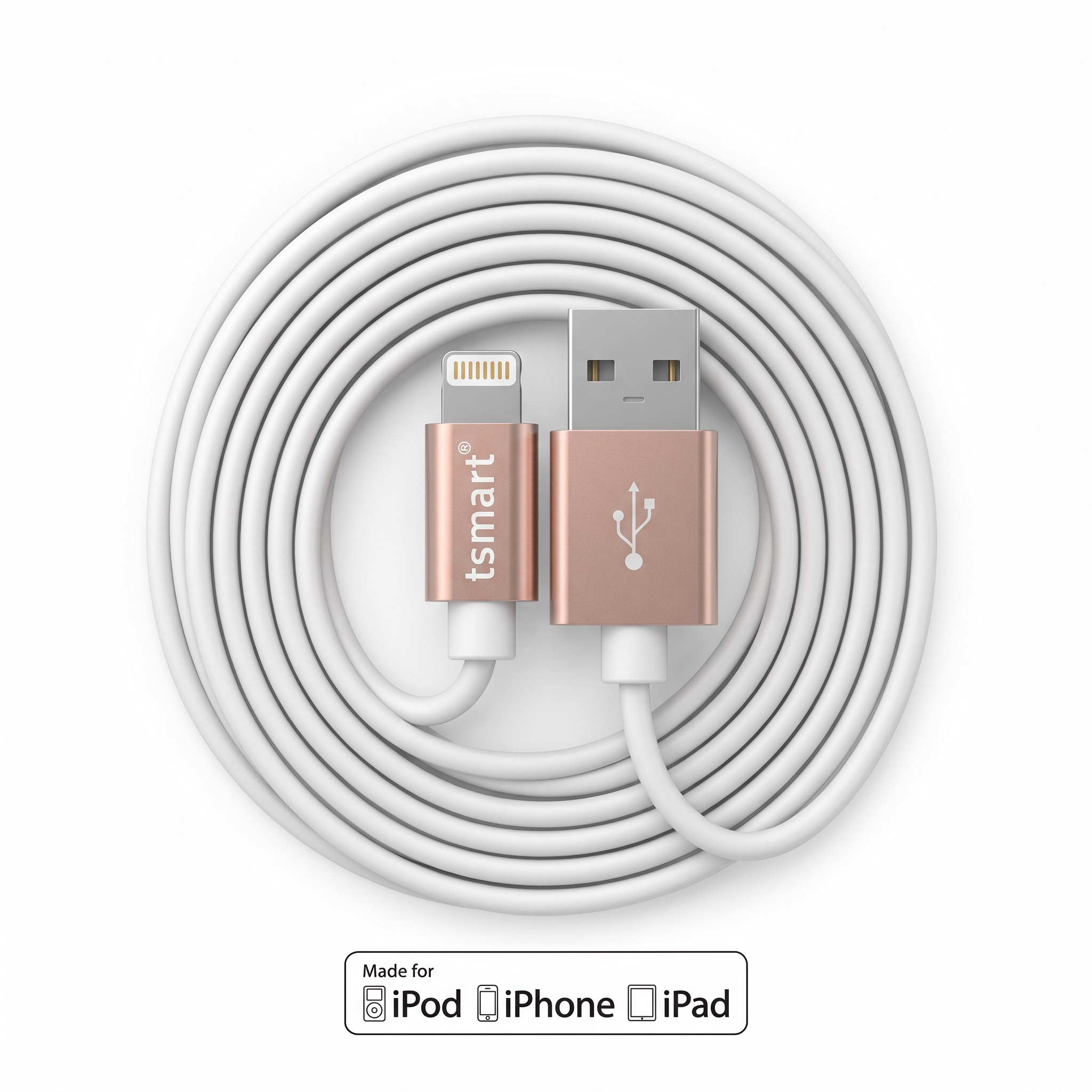 Pembe altın USB ve Lightning konnektörlü, sarılmış beyaz şarj kablosu.