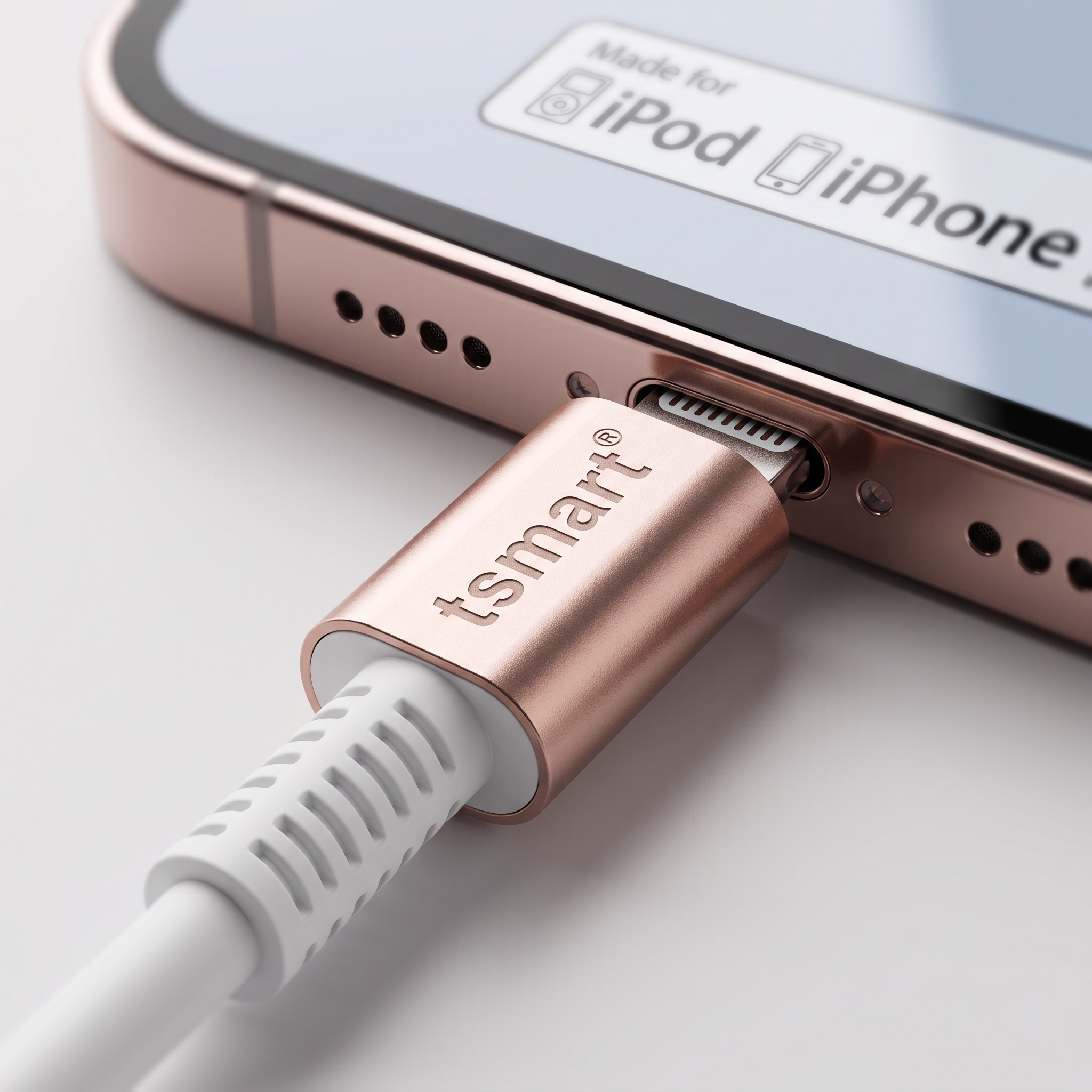Rose altın rengi bir tsmart şarj kablosu, rose altın rengi bir iPhone'un lightning portuna takılı.