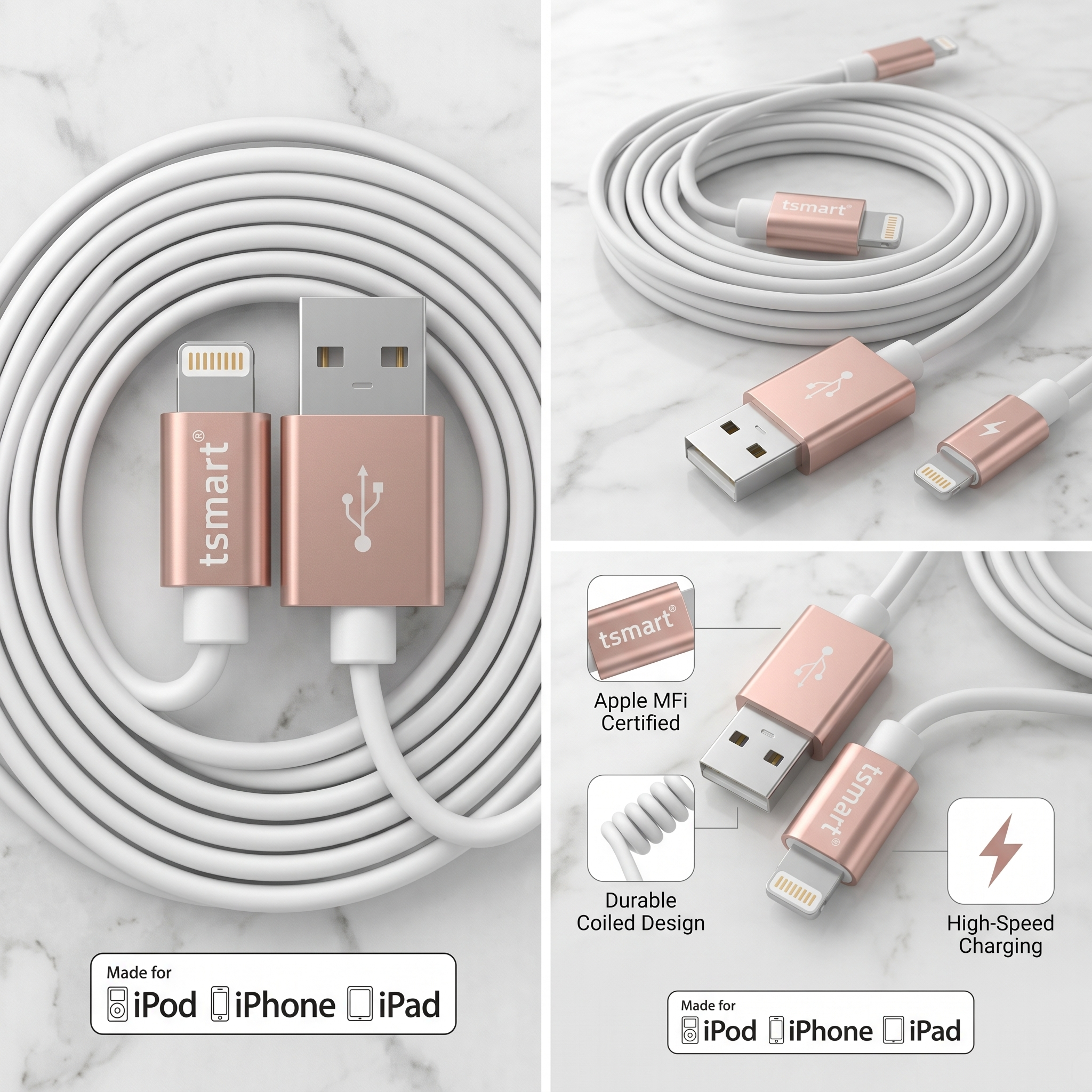 MFi sertifikalı, iPod, iPhone ve iPad için beyaz ve pembe altın rengi tsmart USB şarj kablosu.