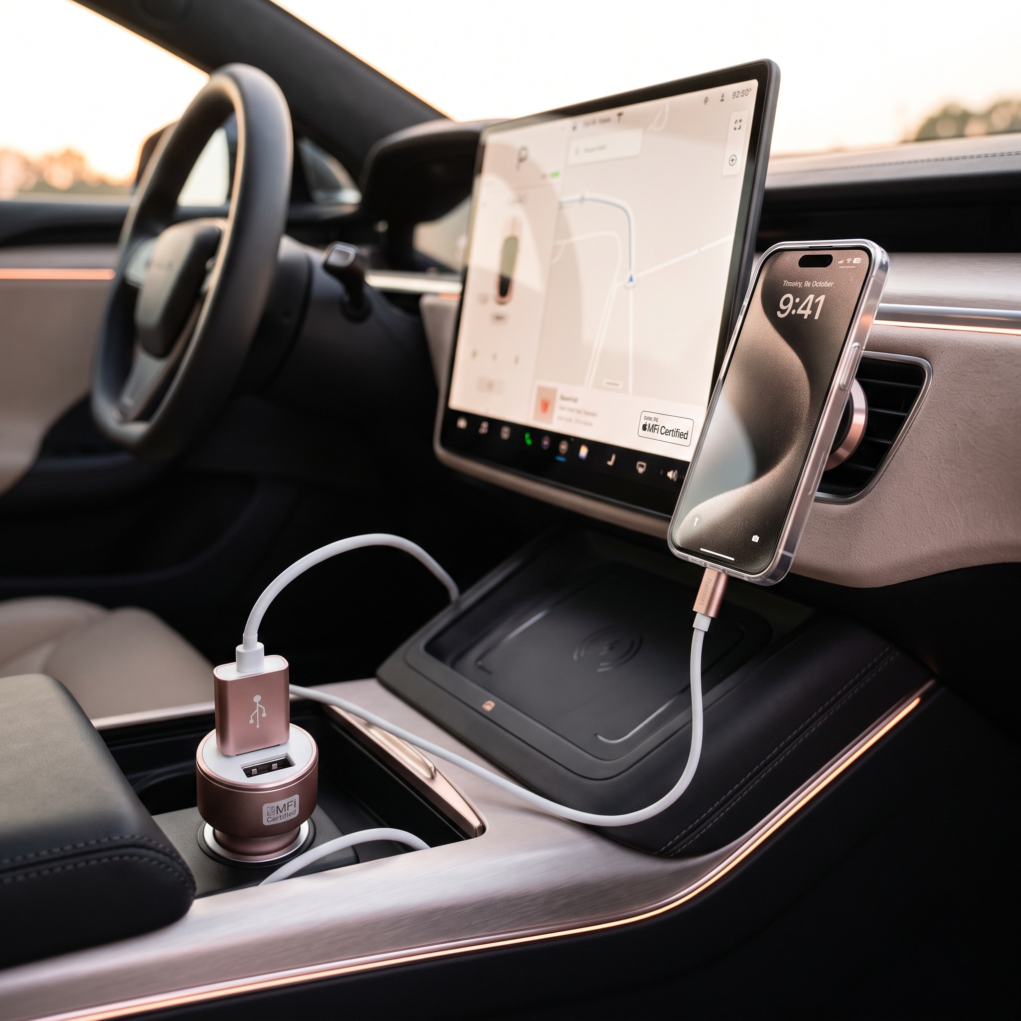 Dokunmatik ekranlı ve araç şarj cihazlı modern bir otomobilin içinde akıllı telefon şarj oluyor.