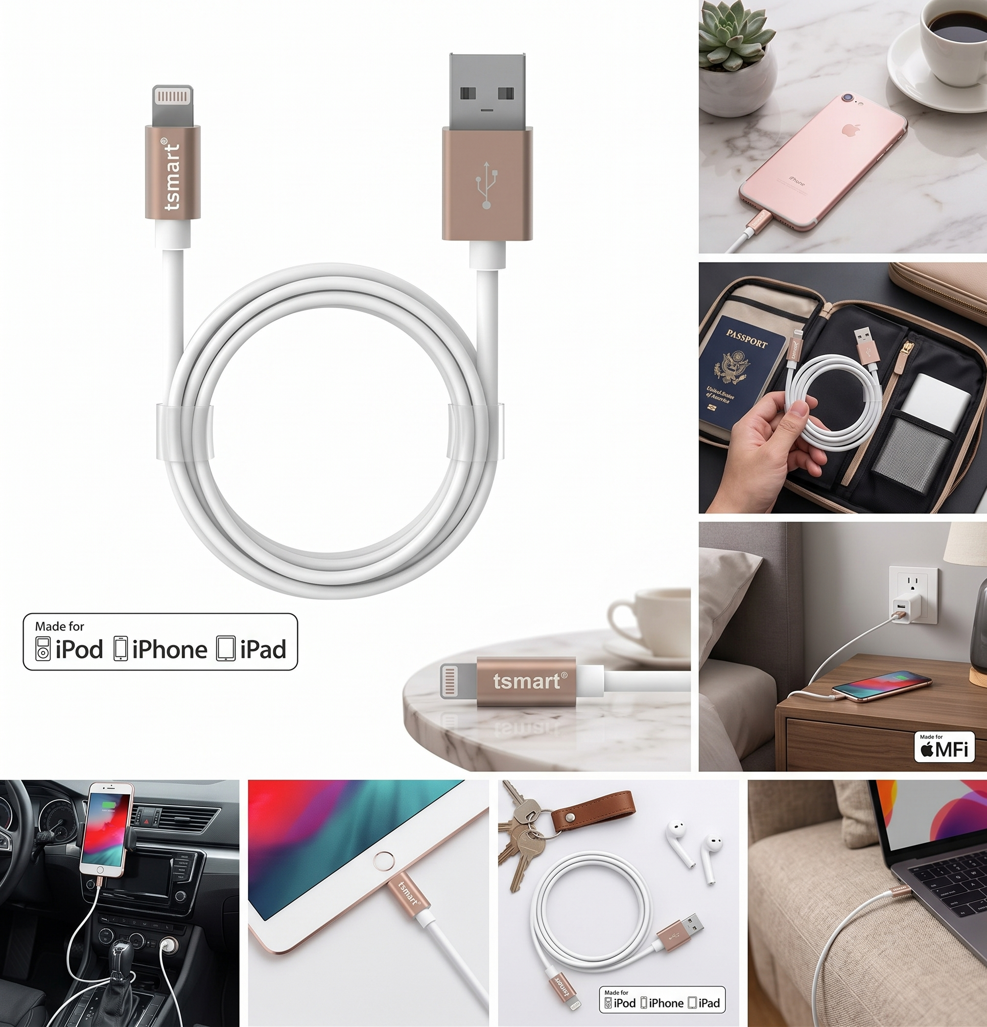 İpek gülü rengi konektörlere ve iPod, iPhone, iPad simgelerine sahip beyaz şarj kablosu.