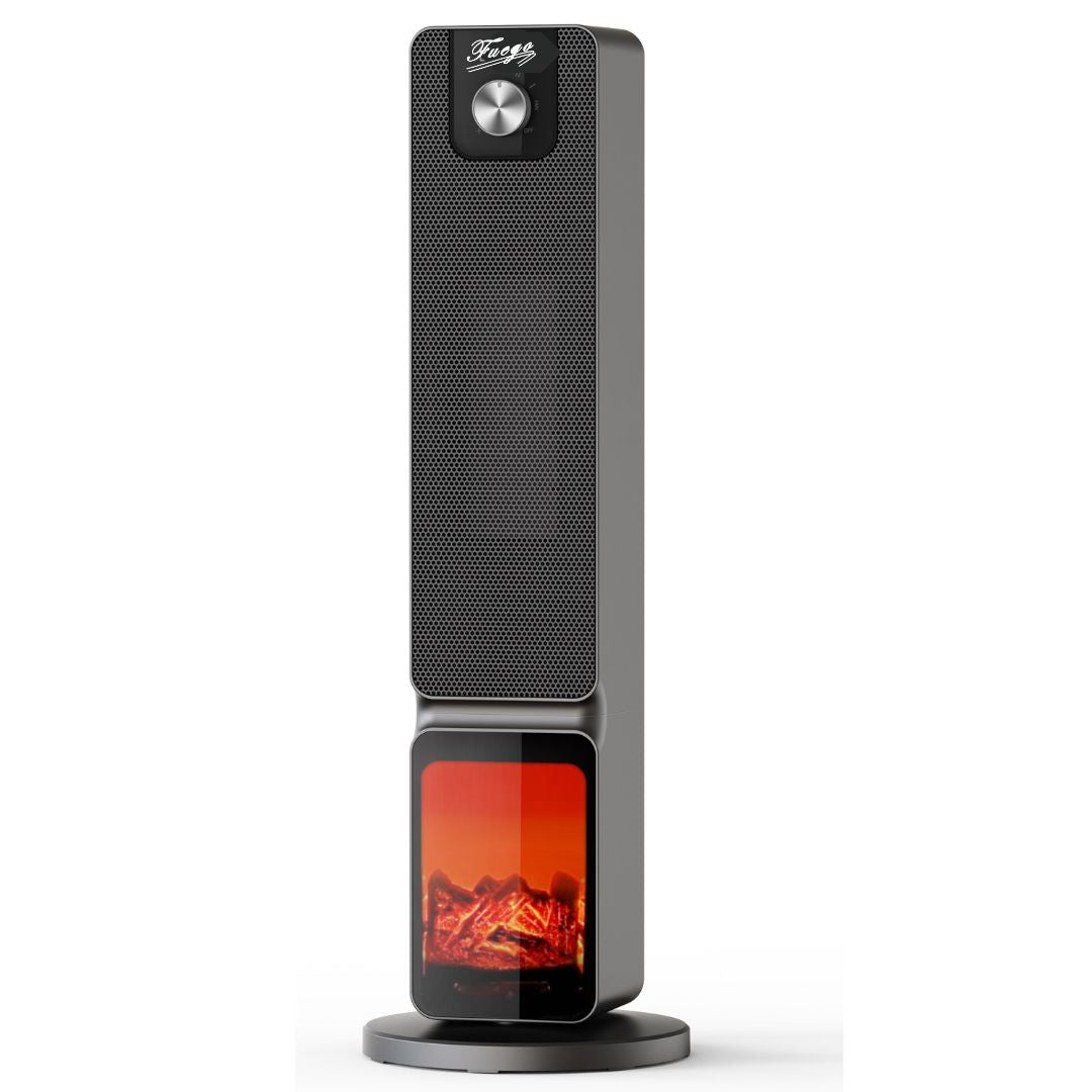 Un calefactor de torre gris con rejilla negra y efecto de chimenea falsa en la parte inferior.