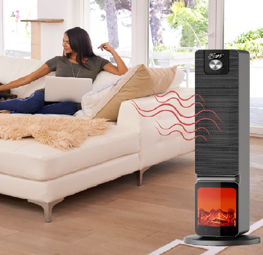Un calefactor de torre moderno con efecto de llama se encuentra en una sala luminosa donde una mujer descansa en un sofá blanco.