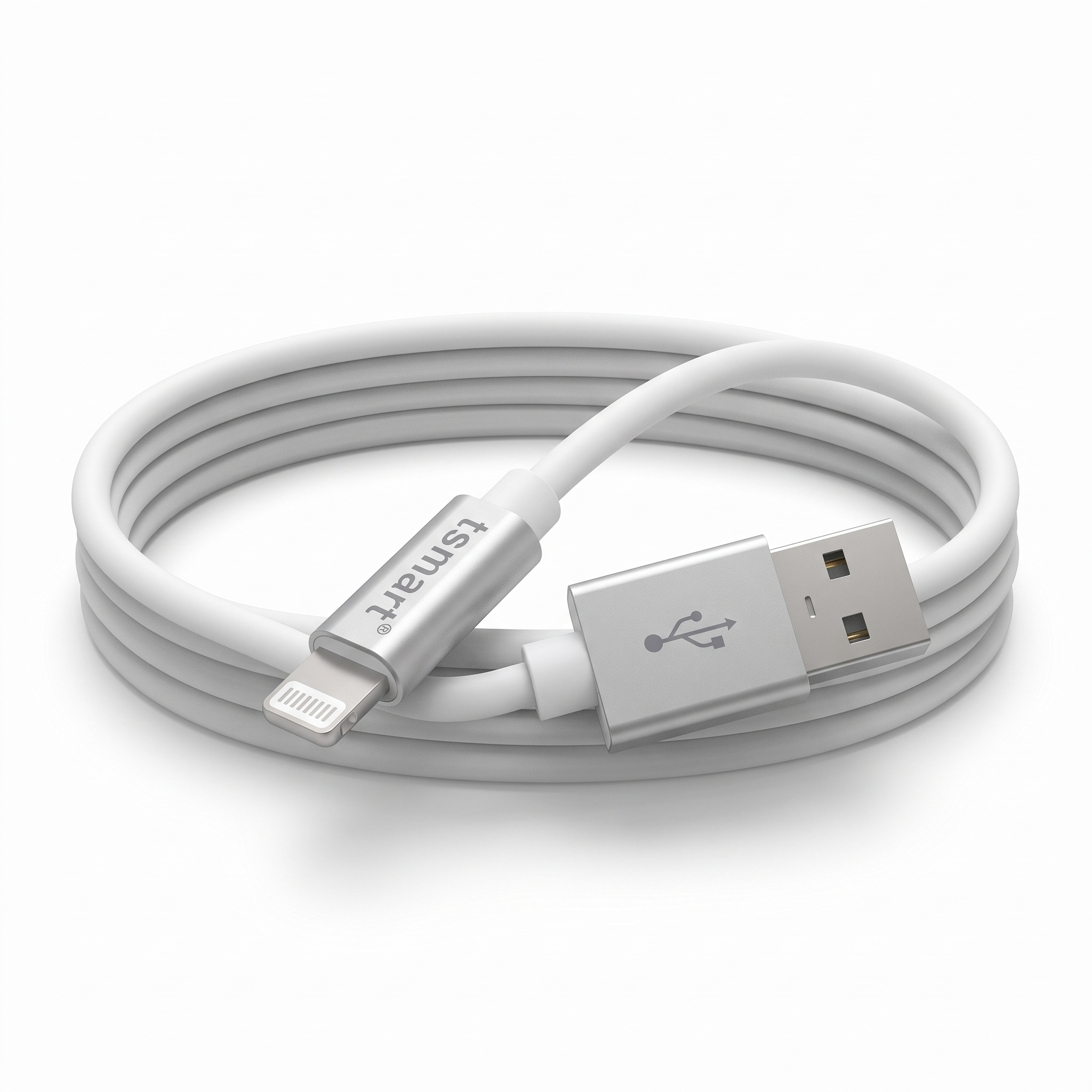 Beyaz arka planda sarılmış, gümüş USB ve Lightning konnektörlü beyaz şarj kablosu.