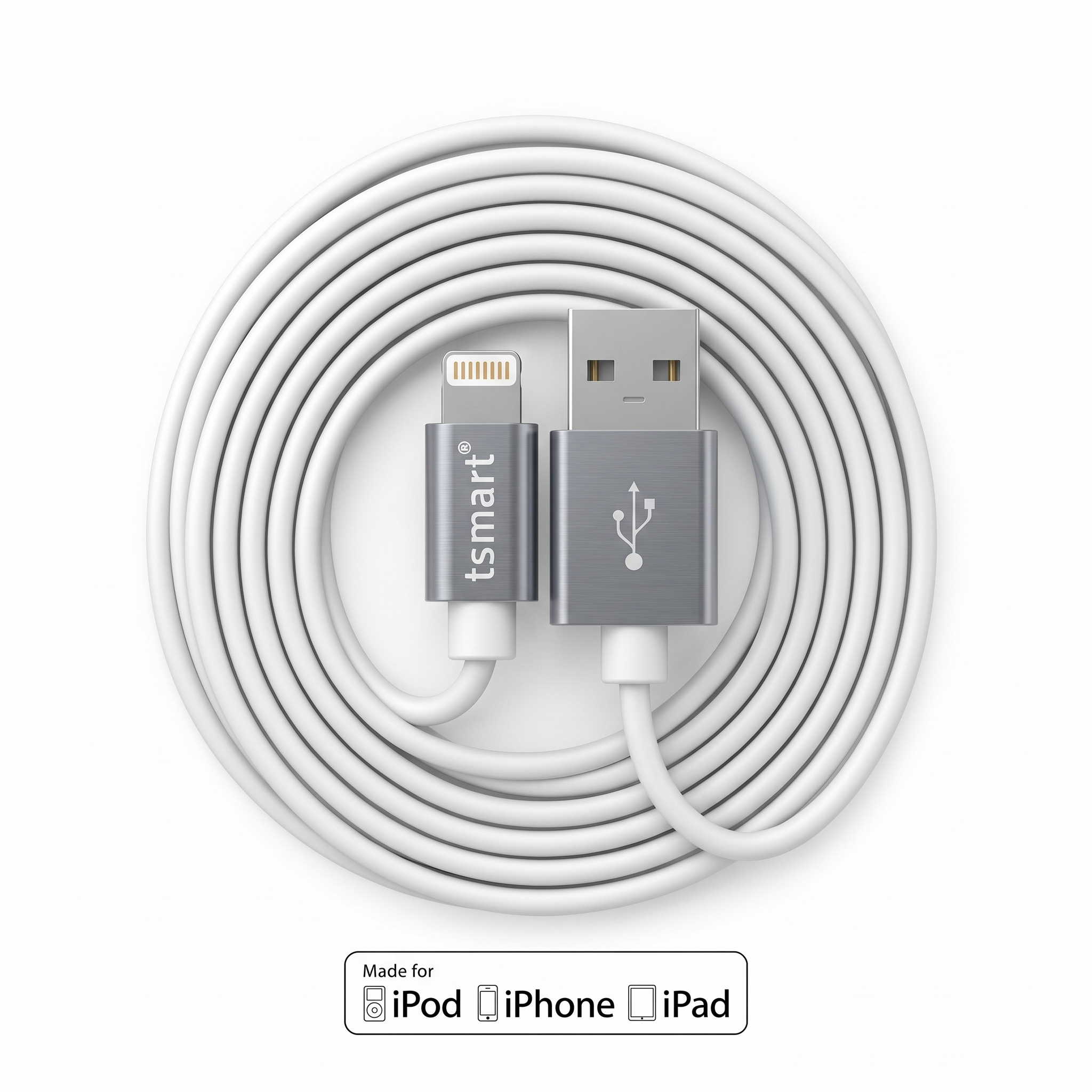 Gri metal konnektörlü, sarılmış beyaz USB-A - Lightning kablosu.