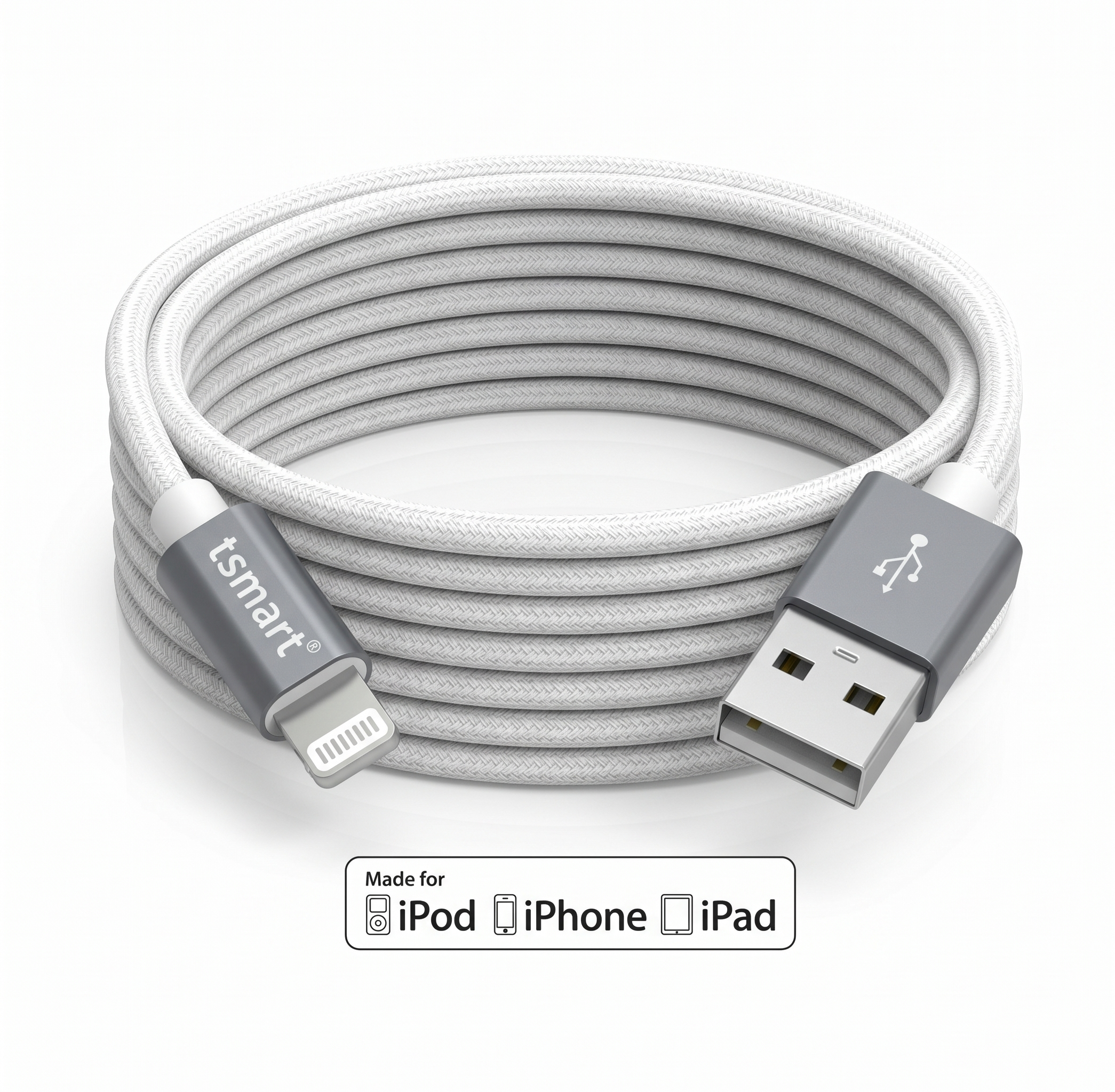 Beyaz arkaplanda gümüş konnektörlü beyaz örülü USB şarj kablosu, Made for iPod iPhone iPad etiketiyle.