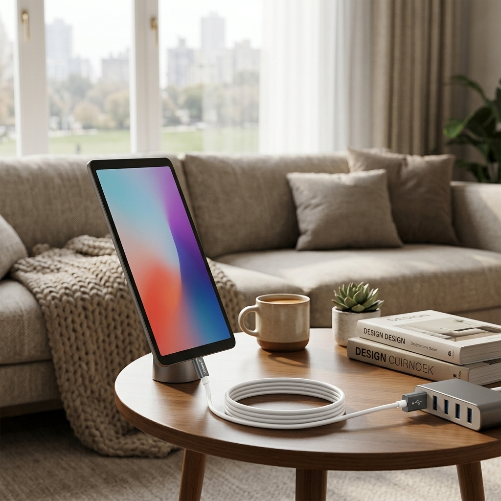 Aydınlık bir oturma odasındaki yuvarlak ahşap masada duran bir tablet USB hub'dan şarj oluyor.