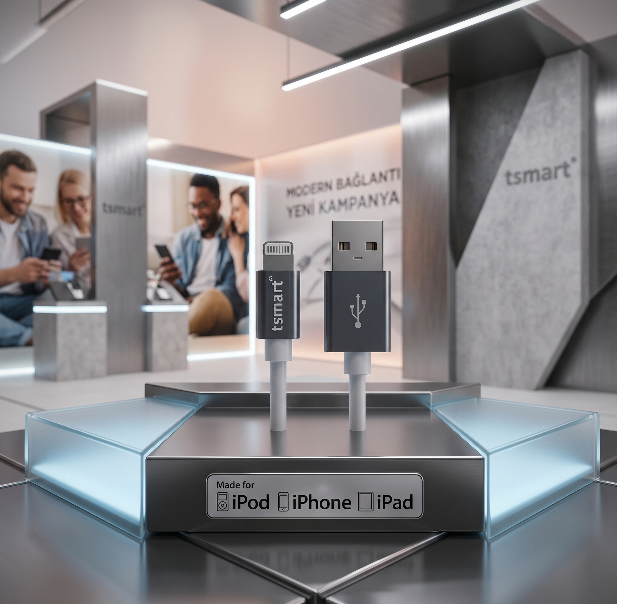 Modern bir mağazada aydınlatılmış bir kaide üzerinde tsmart USB ve Lightning kablosu.