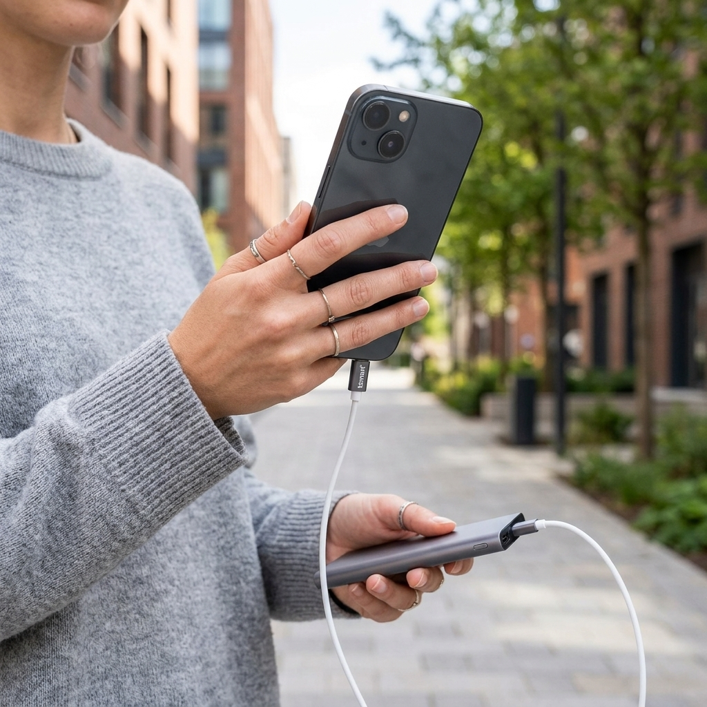Gri kazaklı bir kişi, dışarıda beyaz bir kabloyla güç bankasına bağlı akıllı telefon tutuyor.