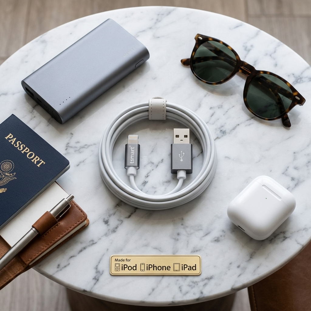 Mermer masada pasaport, defter, taşınabilir şarj cihazı, güneş gözlüğü, kablo ve AirPods var.