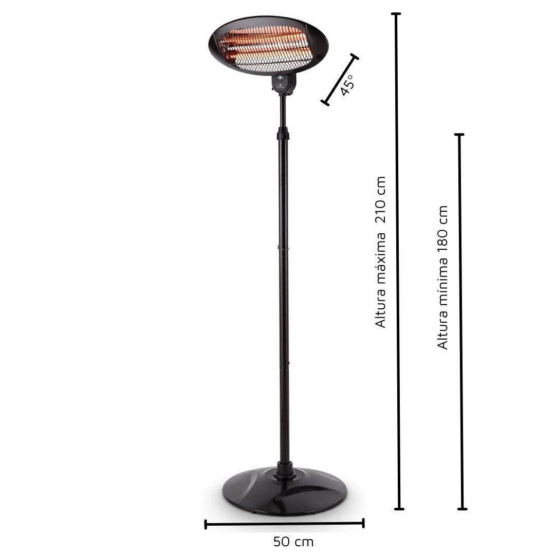 Estufa de patio negra con dimensiones: altura 180-210 cm, base 50 cm, inclinación de 45 grados.
