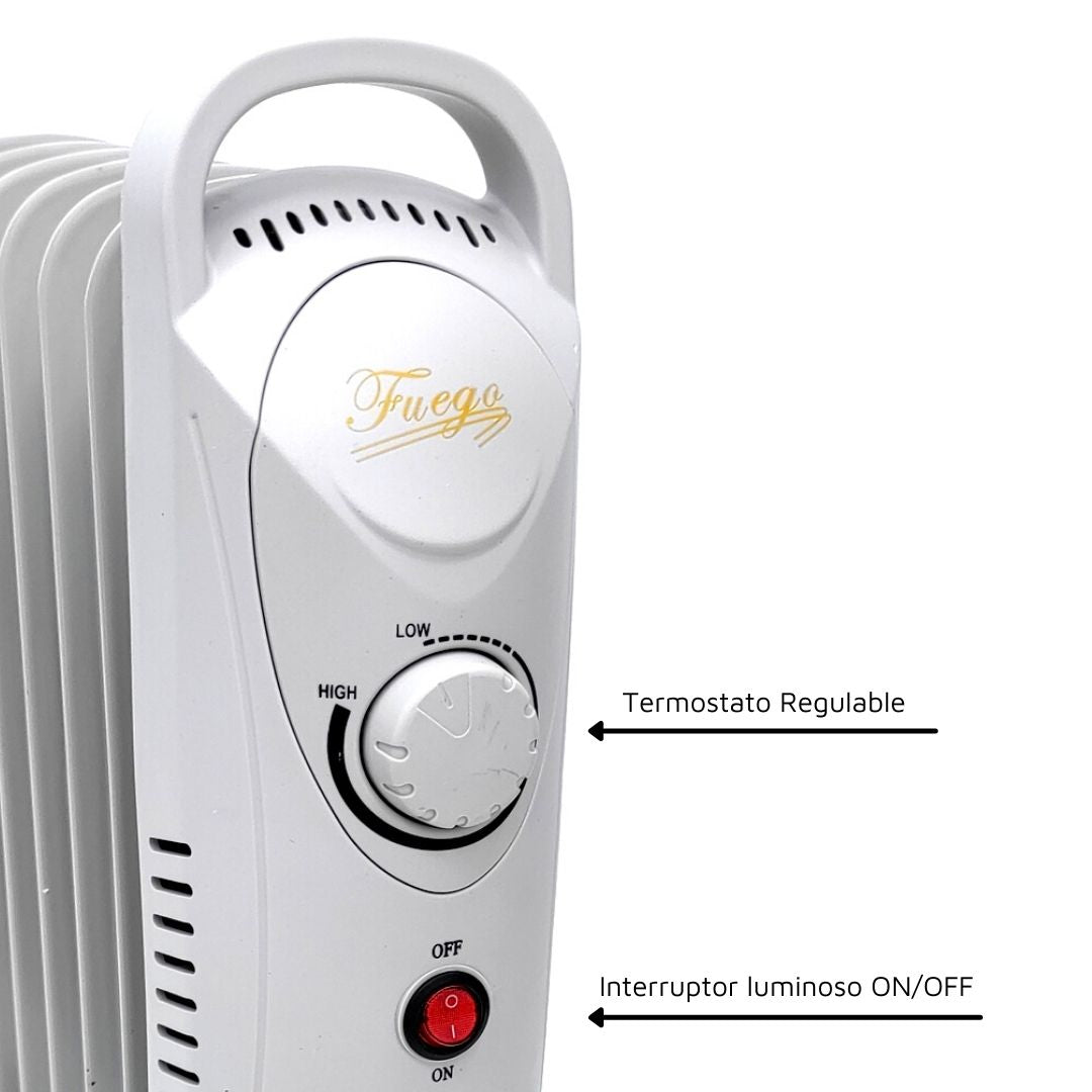 Radiador de aceite Fuego blanco con termostato regulable e interruptor rojo.