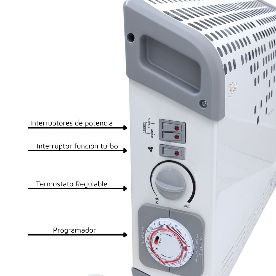 Vista lateral de un calefactor convectivo blanco con interruptores, termostato y temporizador con etiquetas en español.