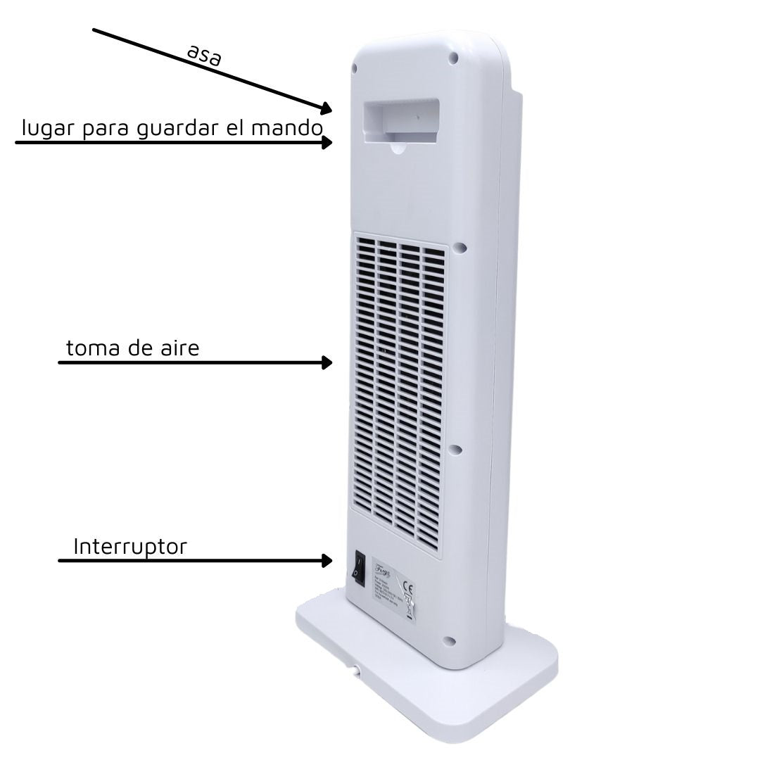 Parte trasera de un calefactor de torre blanco con flechas que indican el asa, el hueco para el mando, la toma de aire y el interruptor.