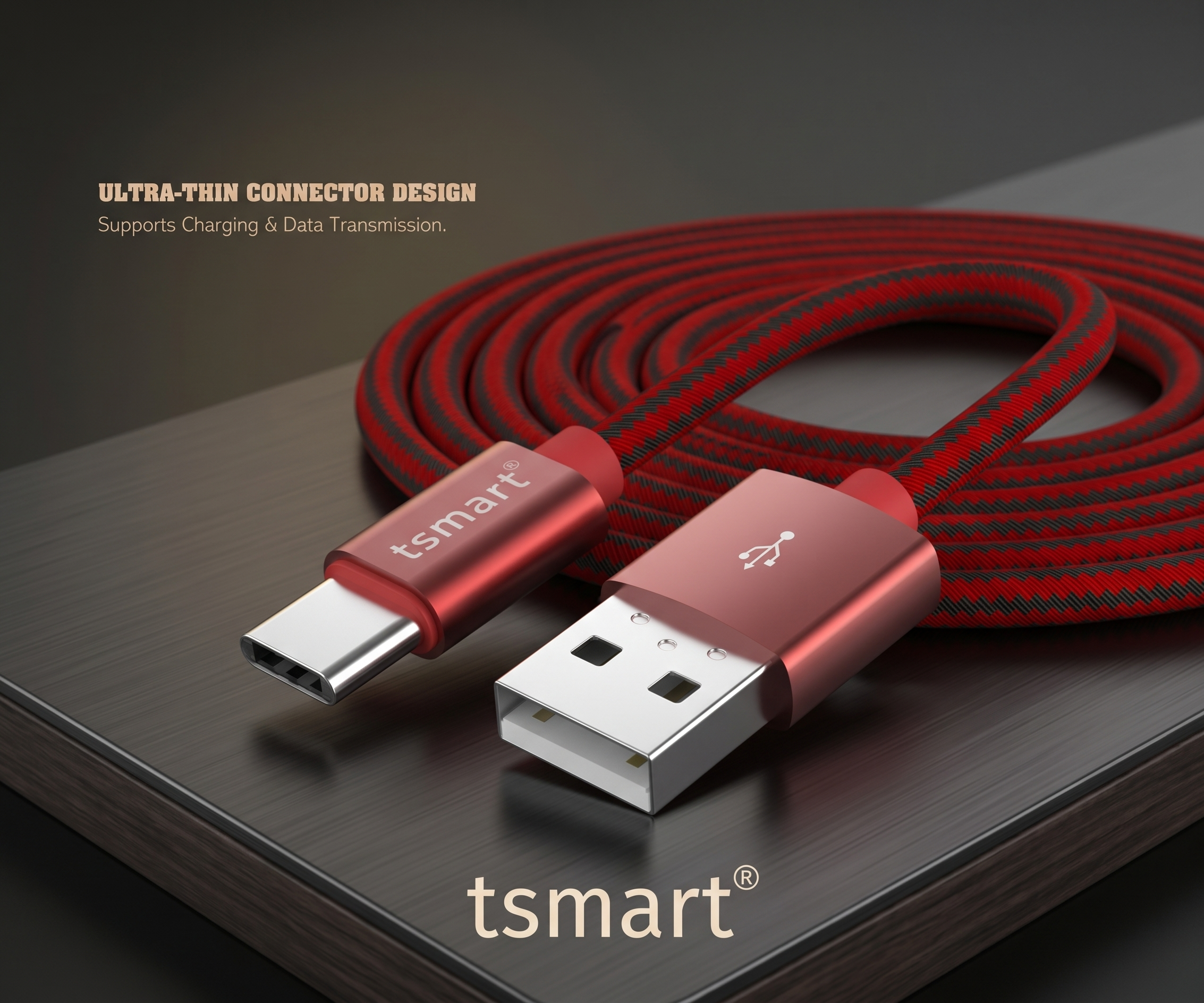 Koyu zemin üzerinde USB-C ve USB-A konnektörlü kırmızı ve siyah örgü Tsmart USB kablosu.