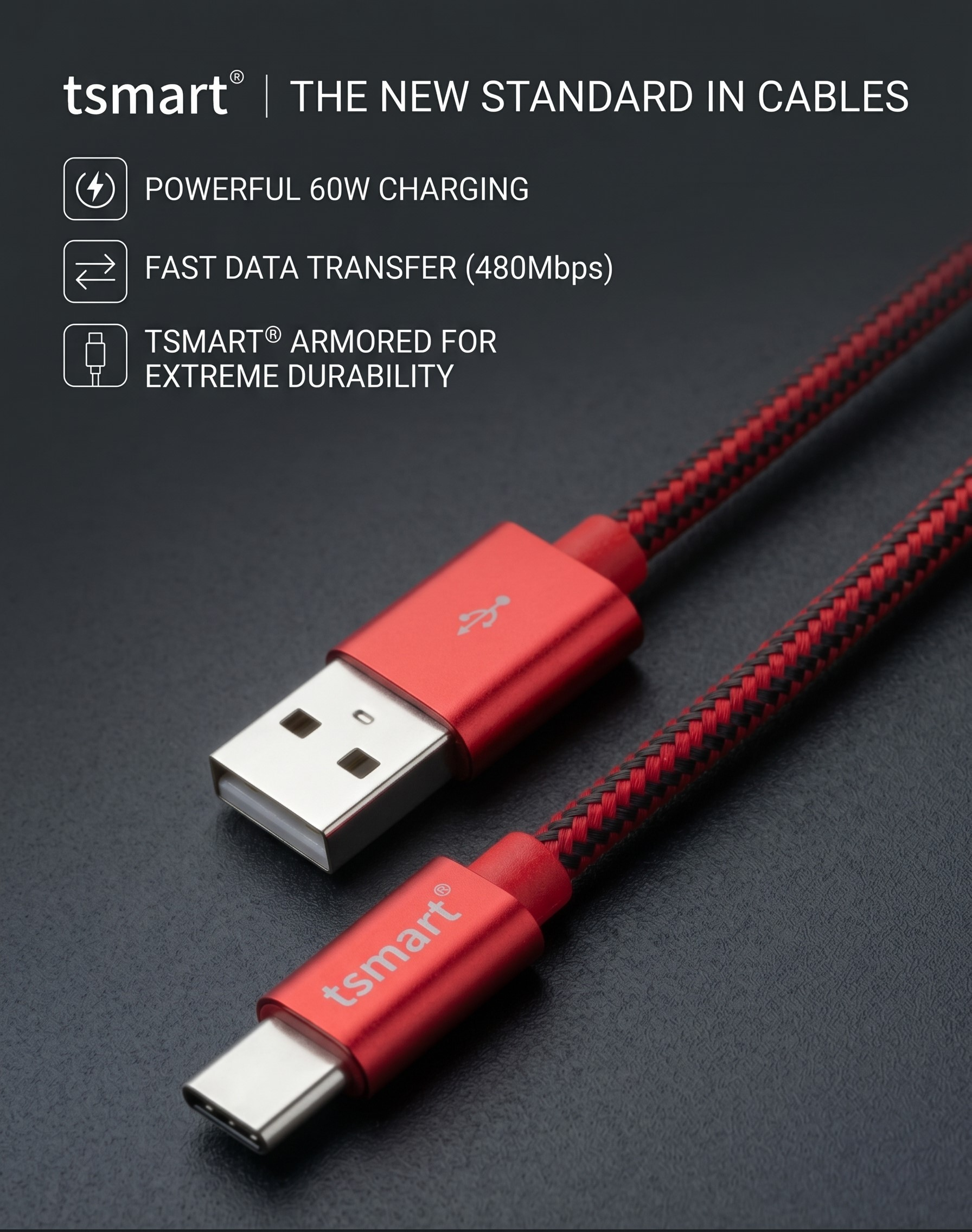 Koyu zemin üzerinde USB-A ve Type-C konektörlü kırmızı ve siyah örgülü tsmart kablolar.