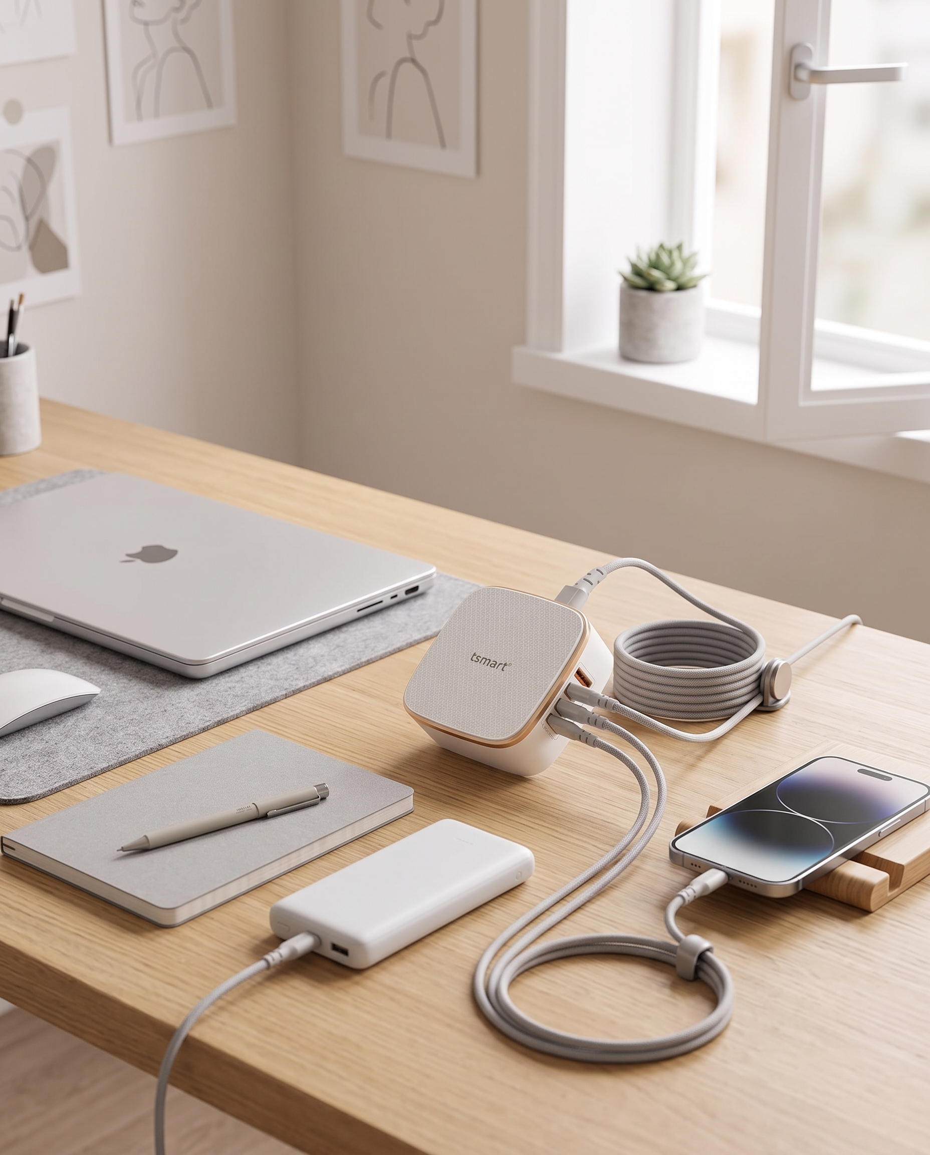 Ahşap masada bir dizüstü bilgisayara, taşınabilir şarj cihazına ve akıllı telefona bağlı beyaz bir USB-C dağıtıcı.
