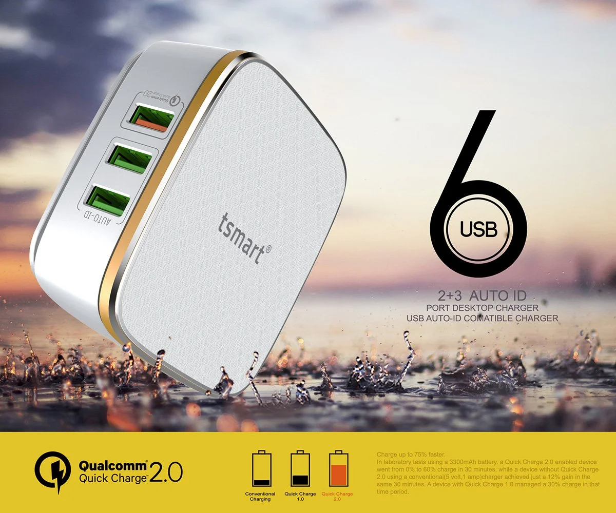 Su üzerinde 6 USB yazılı beyaz bir tsmart USB şarj cihazı.