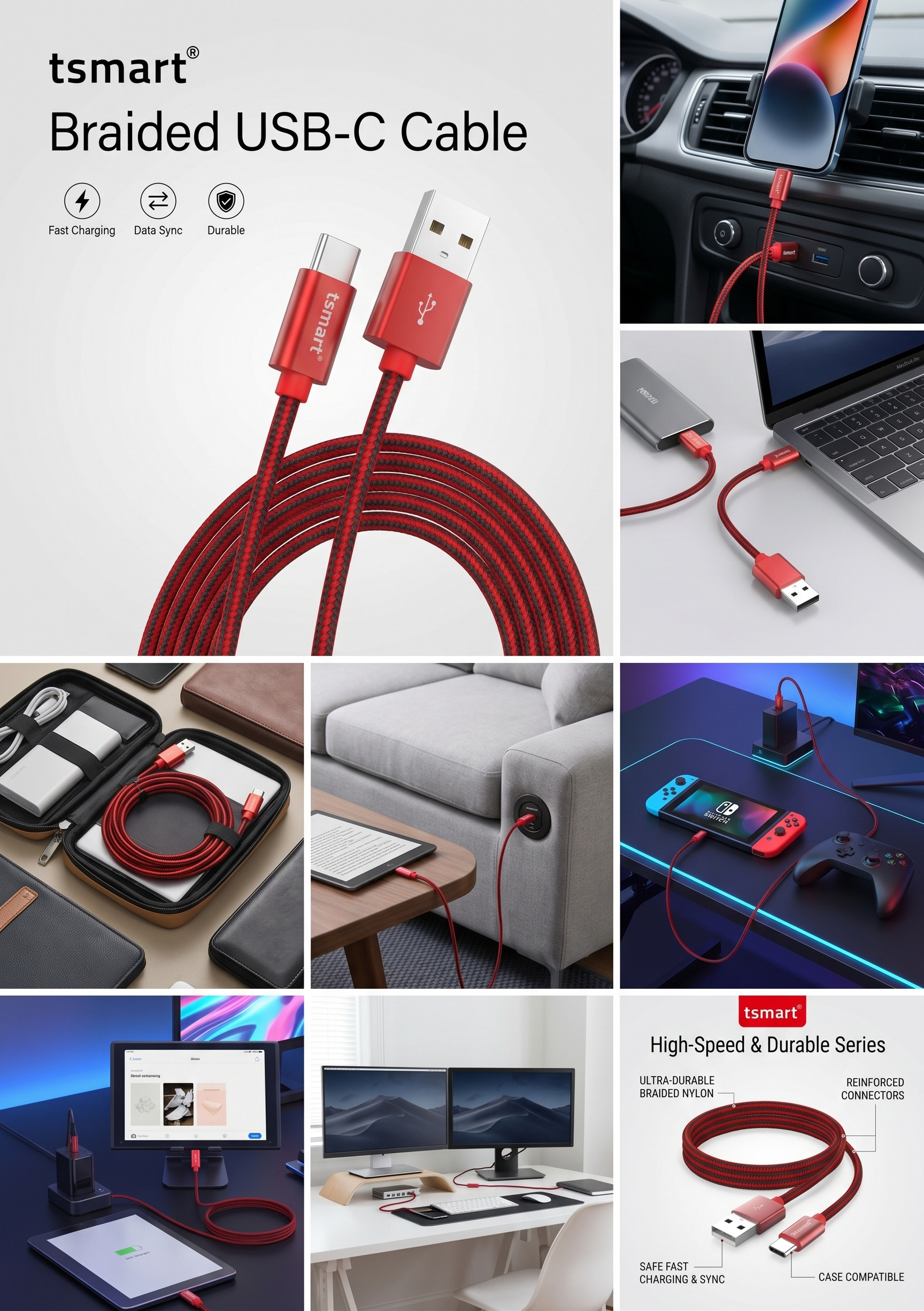 Bağlantı konnektörlerine sahip kırmızı ve siyah örgülü Tsmart USB-C kablosu, çeşitli kullanım sahnelerinde.